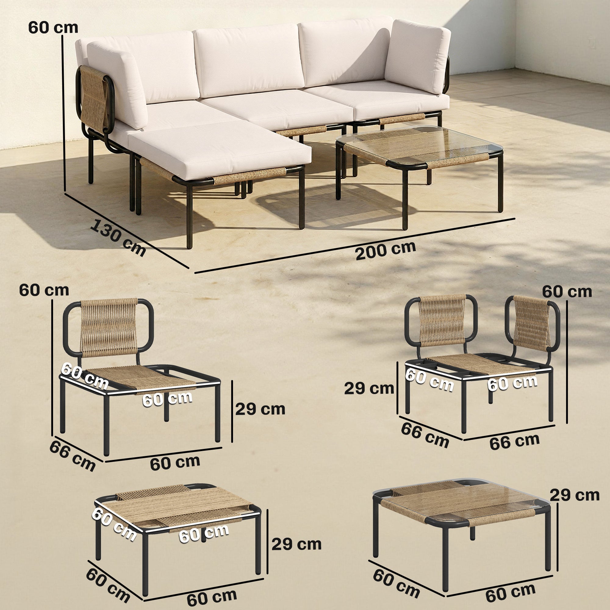 PE Rattan 5-Piece Garden Furniture Set – Modular L-Shaped Lounge with 3 Chairs, Glass Table, Ottoman & Removable Cushions, Khaki