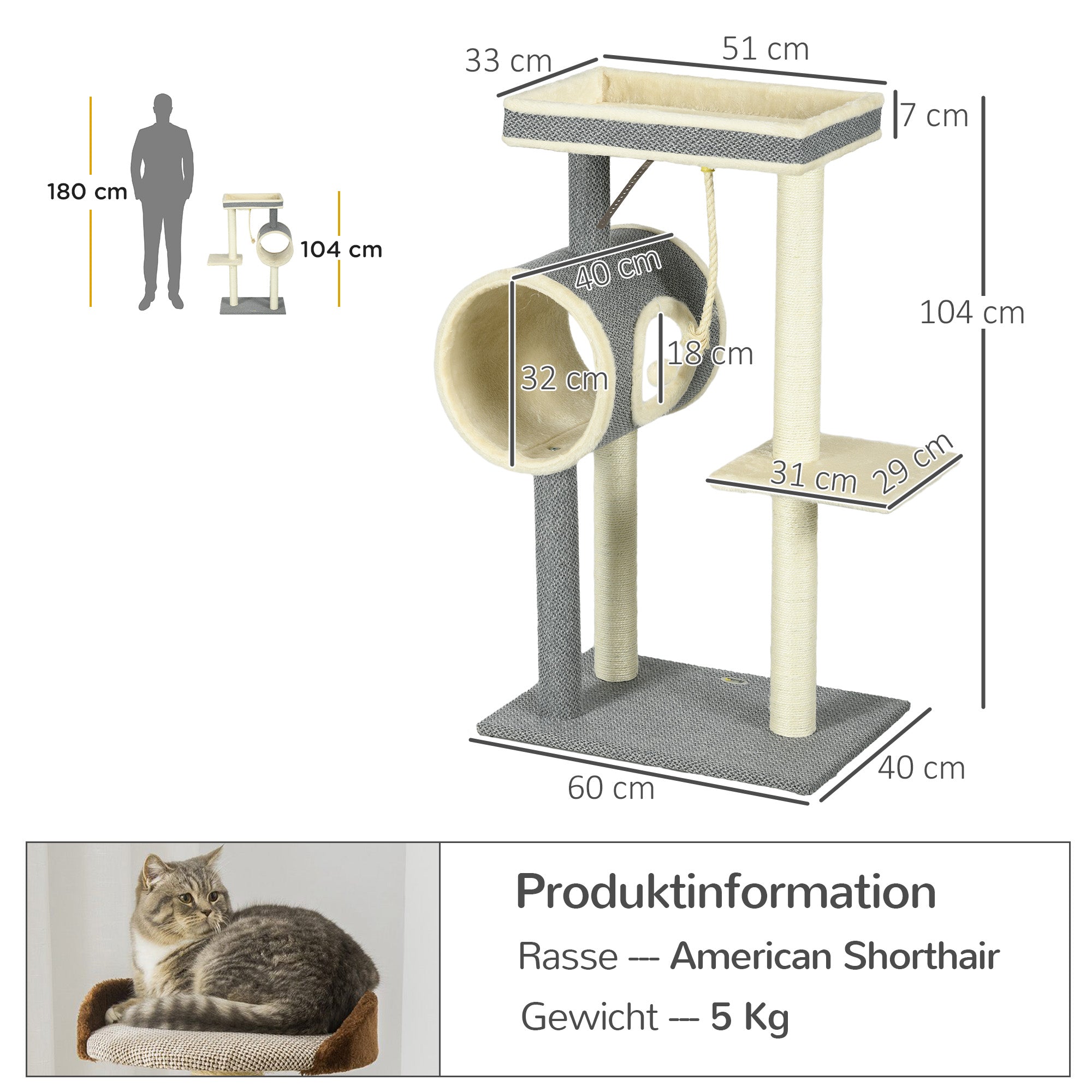 Scratching Tree 104 cm Cat Tree with Cat Cave, Cat Scratching Tree with Play Ball, Cat Tree with 2 Lounging Areas, Climbing Tree for Cats up to 5 kg, Cat Furniture, Sisal, Gray