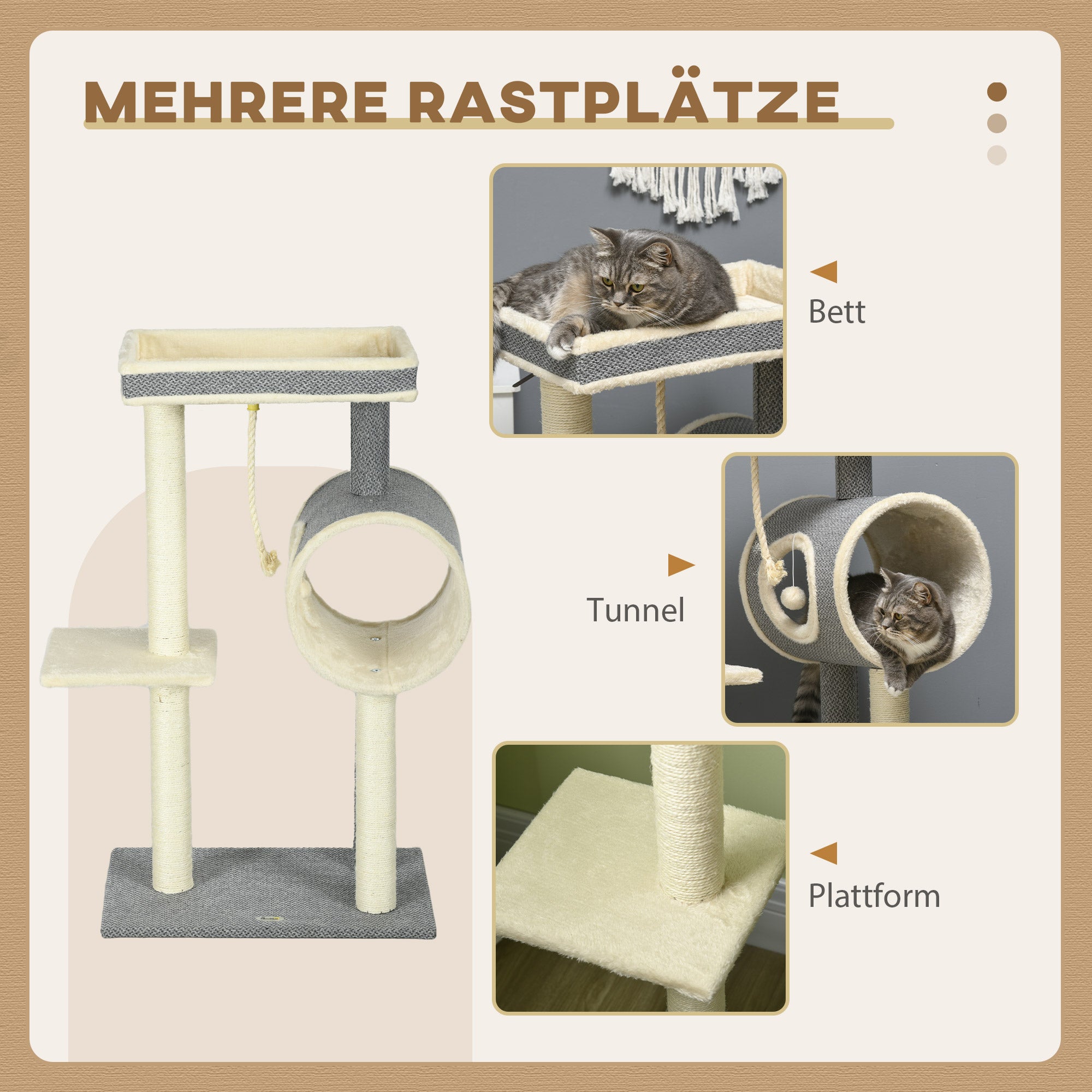 Scratching Tree 104 cm Cat Tree with Cat Cave, Cat Scratching Tree with Play Ball, Cat Tree with 2 Lounging Areas, Climbing Tree for Cats up to 5 kg, Cat Furniture, Sisal, Gray