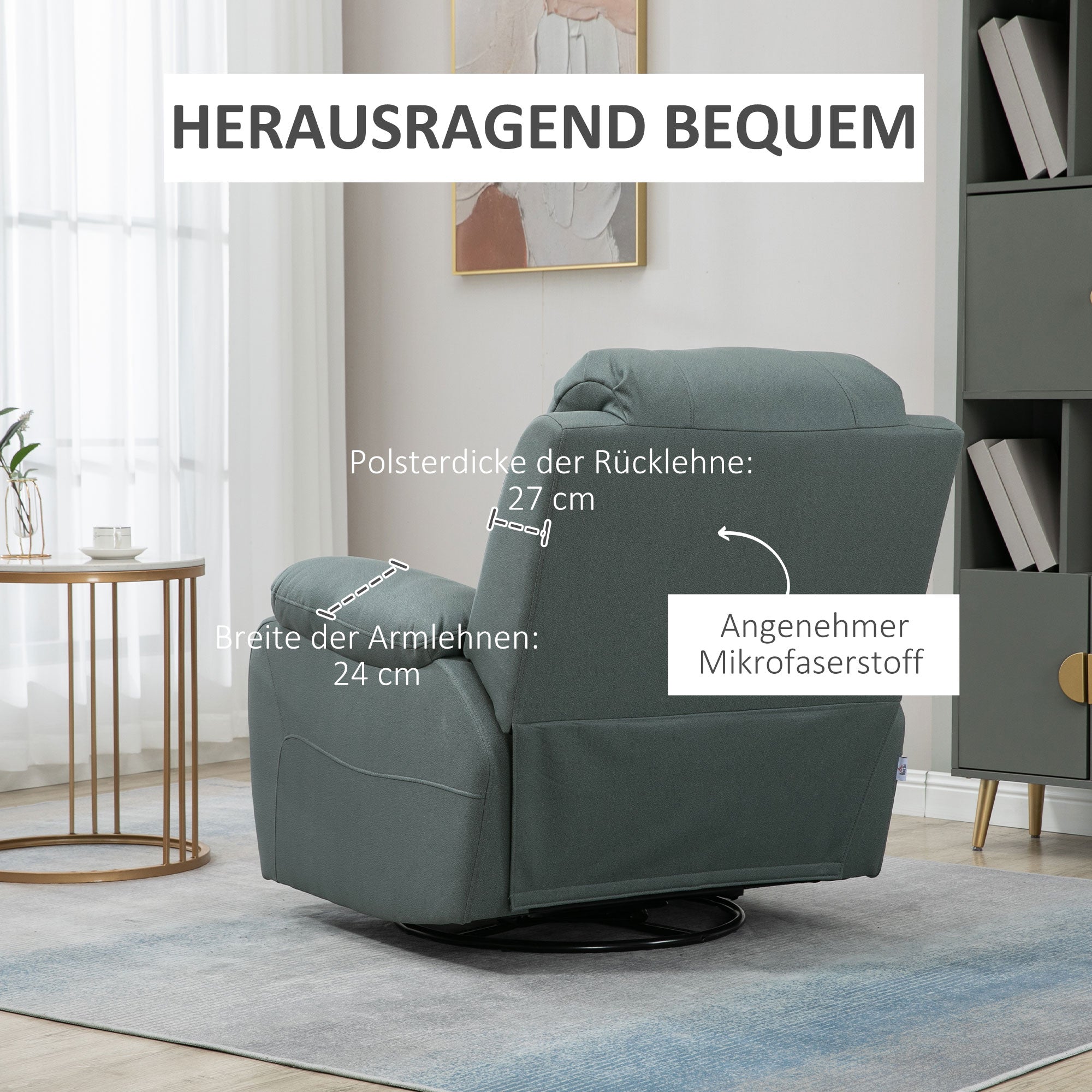 Recliner TV Armchair with Reclining Function, Footrest, Swivel TV Armchair with Pocket Spring System for Living Room, Bedroom, Green