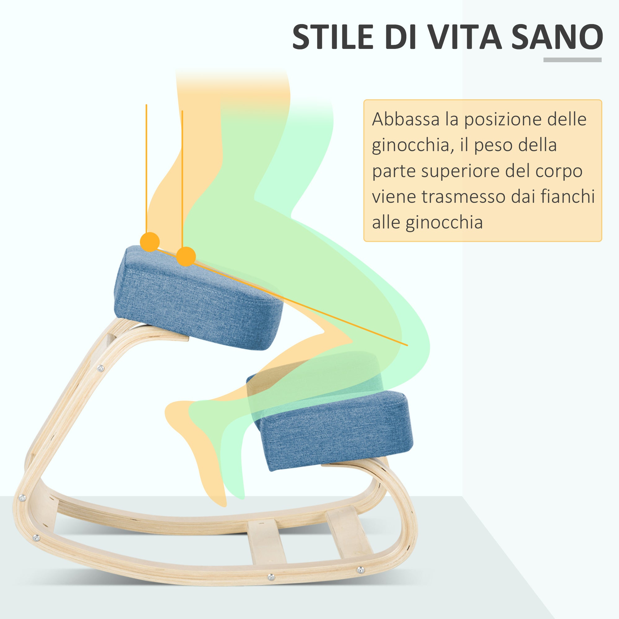 Ergonomic Kneeling Chair in Birch Wood, Posture Chair with Foam and Polyester Cushion for Home and Office, Blue