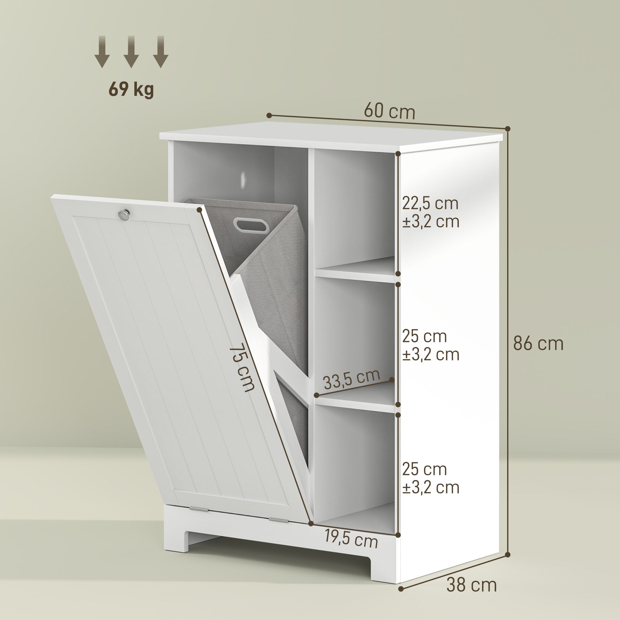 Bathroom Cabinet with Laundry Hamper Bathroom Furniture with Flip-Down Door Open Shelves and Removable Basket 60x38x86 cm White