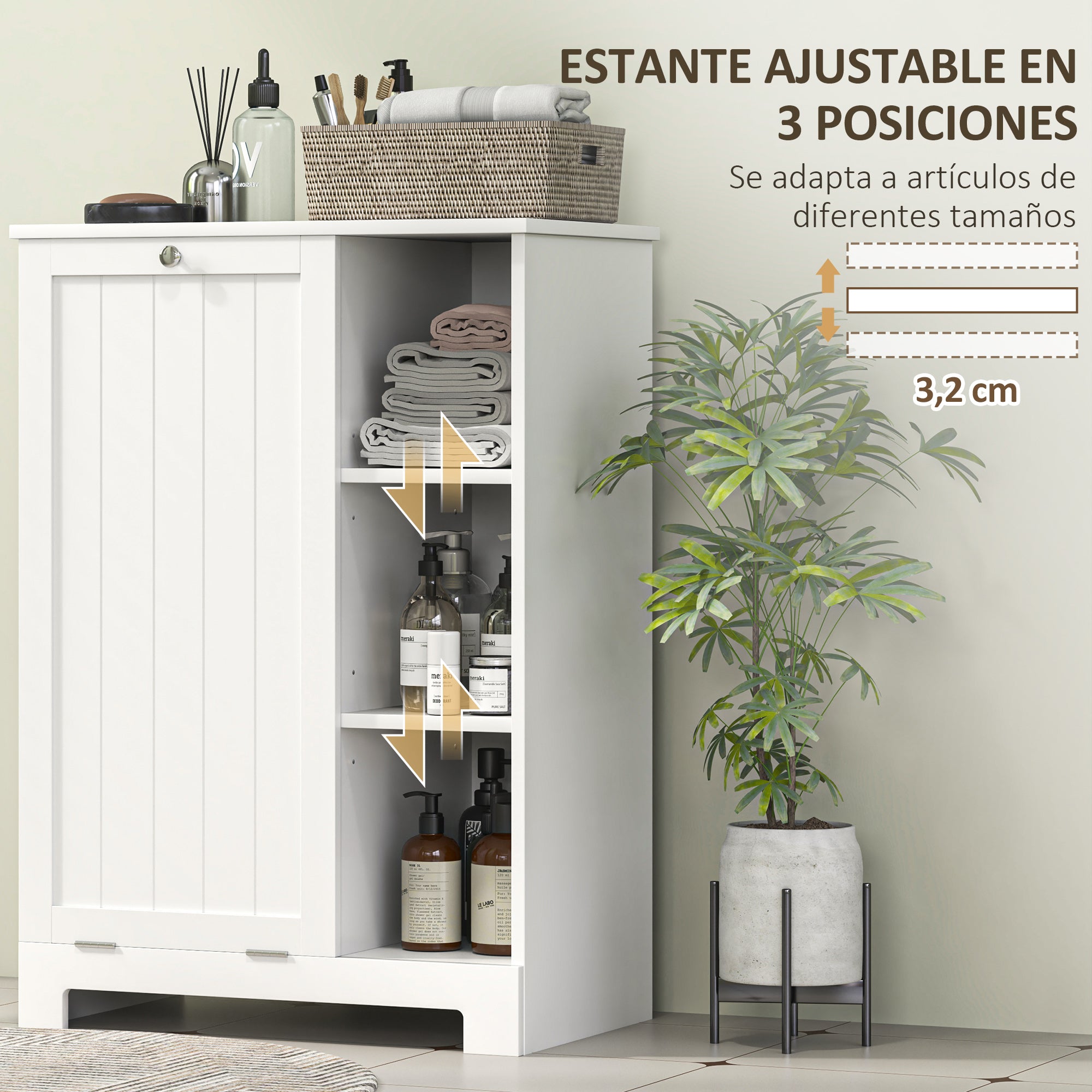 Bathroom Cabinet with Laundry Hamper Bathroom Furniture with Flip-Down Door Open Shelves and Removable Basket 60x38x86 cm White