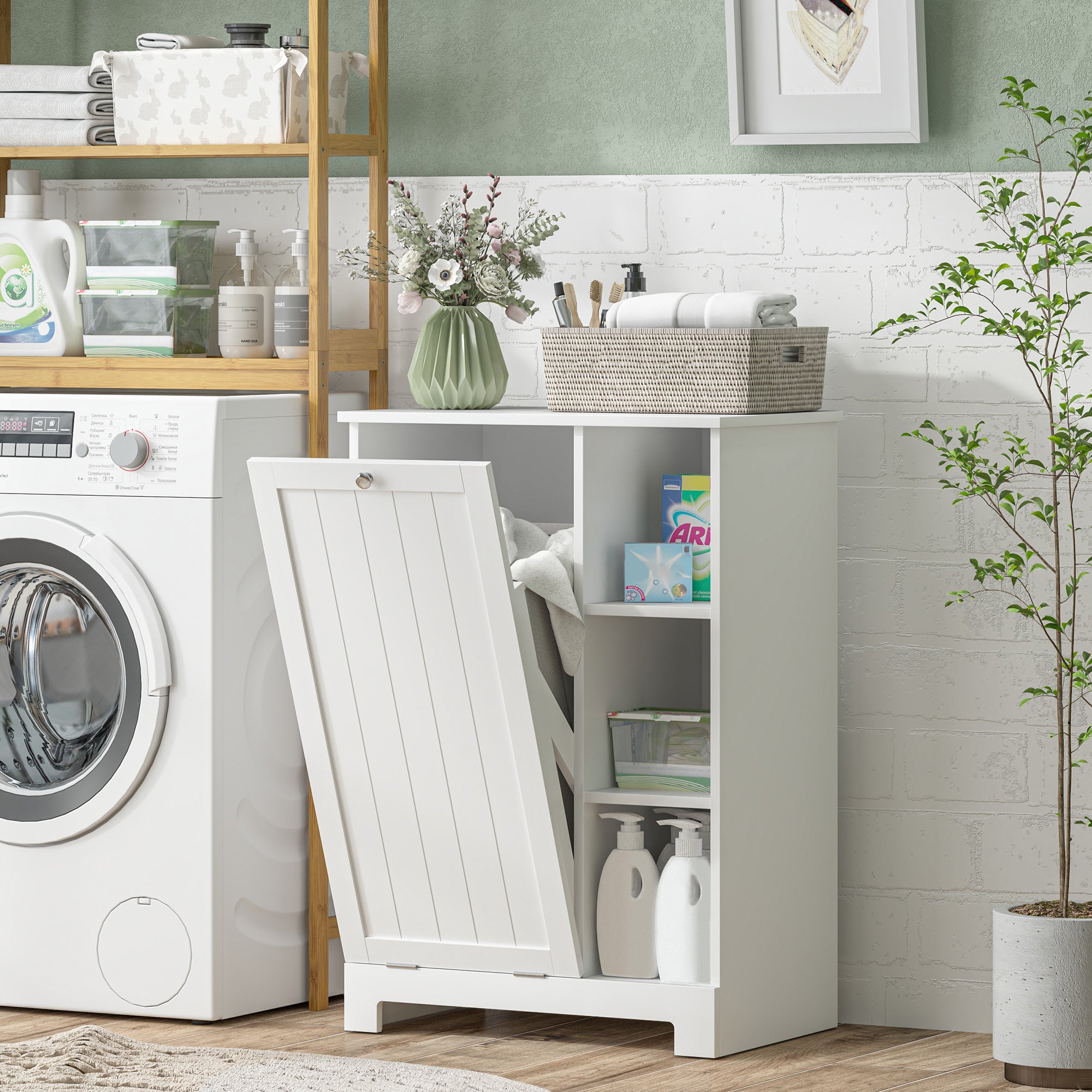 Bathroom Cabinet with Laundry Hamper Bathroom Furniture with Flip-Down Door Open Shelves and Removable Basket 60x38x86 cm White