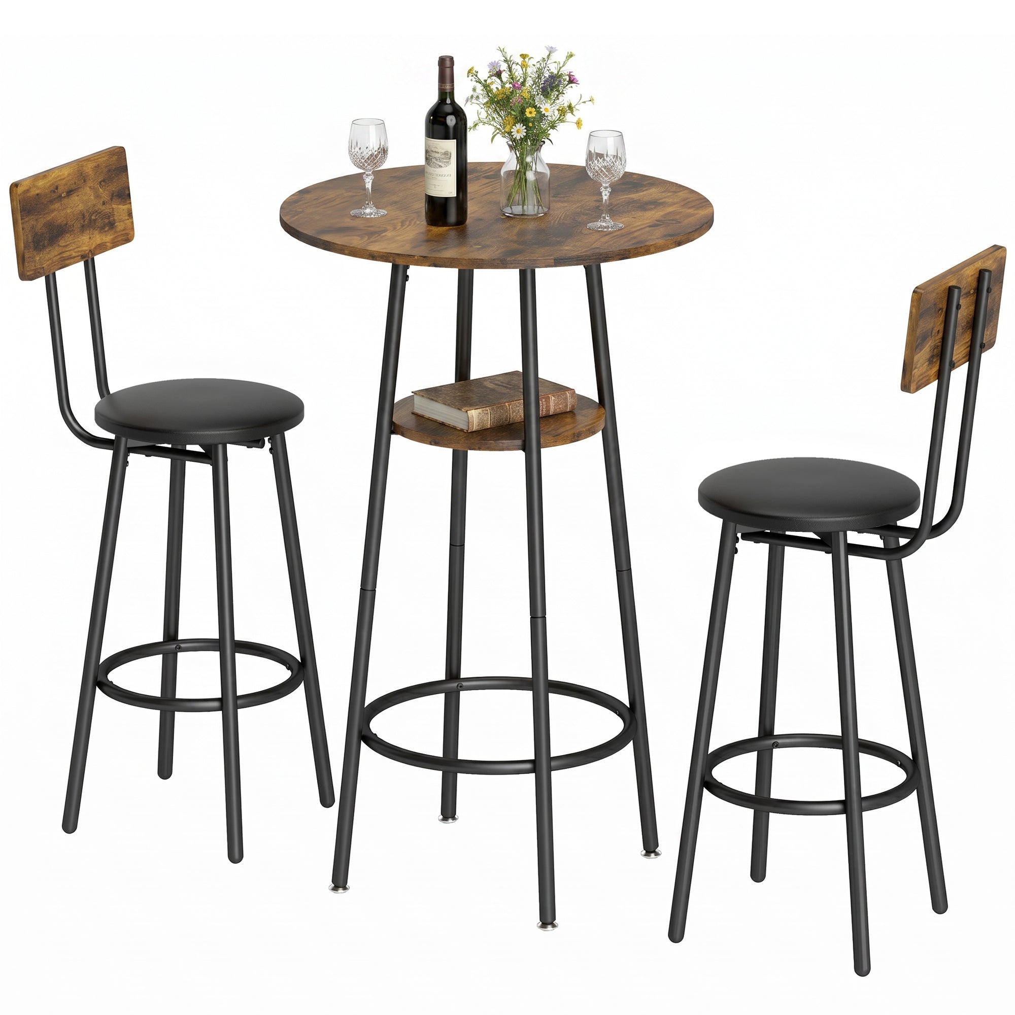 Bar Table with 2 Padded Bar Stools, Footrests, Metal Frame — Industrial Kitchen/Dining Set, Rustic Brown