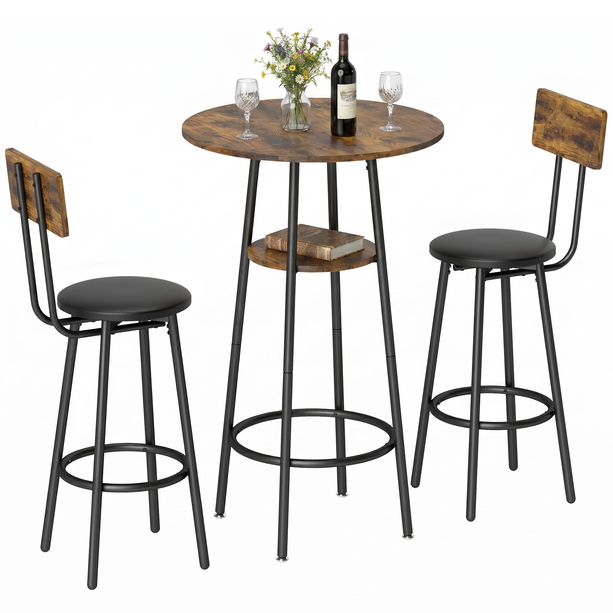 Bar Table with 2 Padded Bar Stools, Footrests, Metal Frame — Industrial Kitchen/Dining Set, Rustic Brown