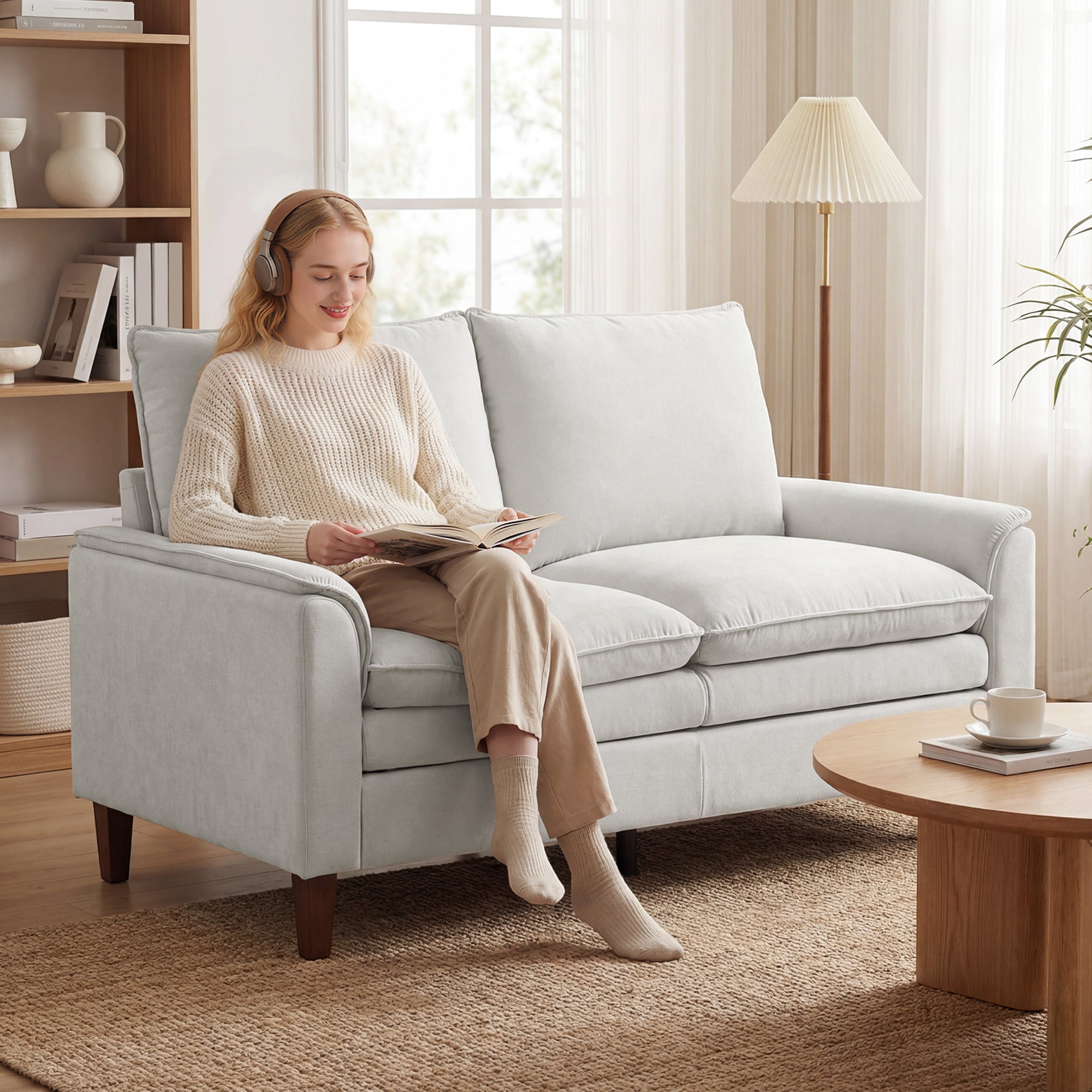 57.5 in 2-Seater Loveseat Sofa, Modern Chenille with Dual-Layer Cushioning, Pocket-Spring Seat, Deep Seating, High Back & Rubberwood Legs – Cream White