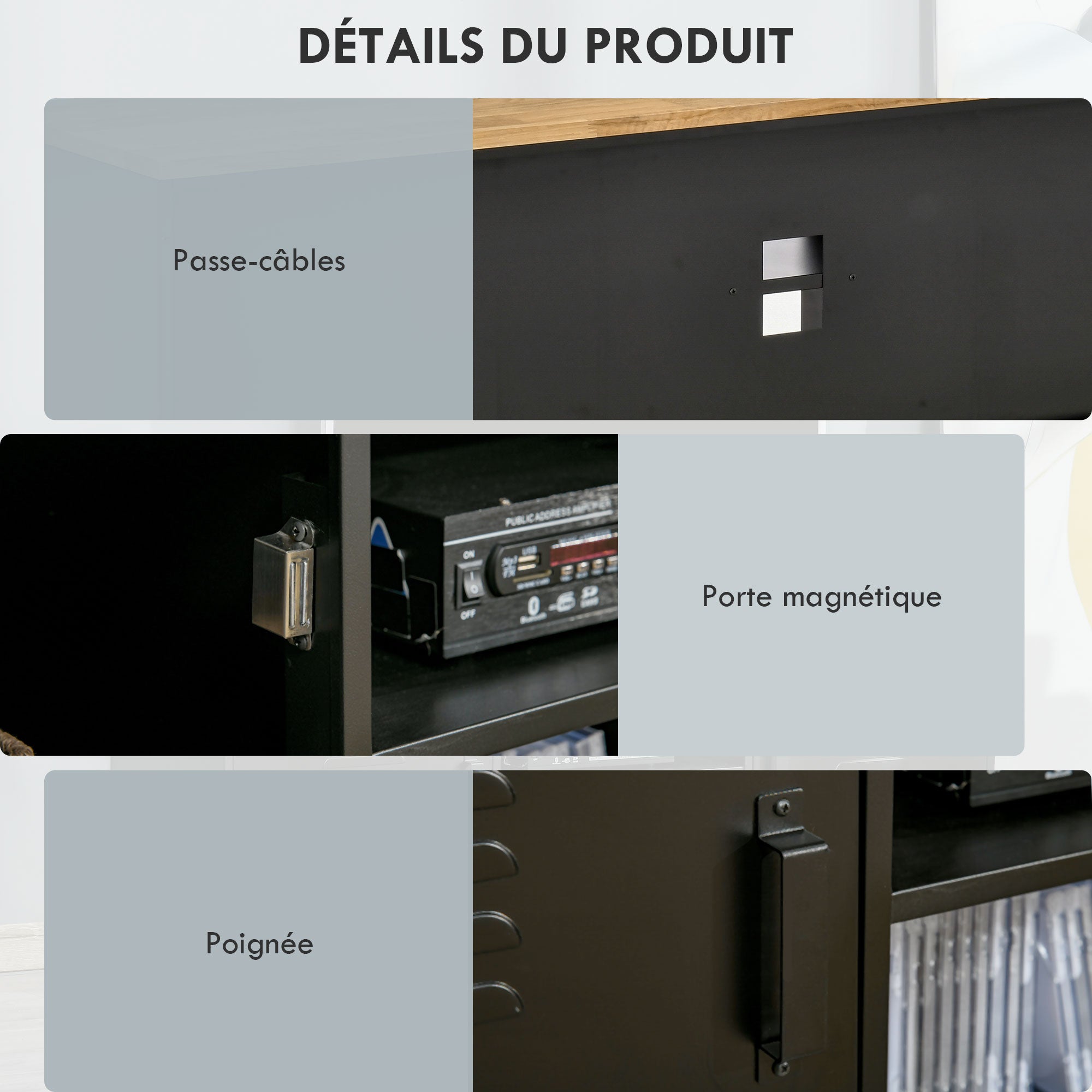 TV Stand TV Bench for 55'' TVs with 2 Cabinets Adjustable Feet Black Metal Frame Natural Wood Top 150 x 40 x 50 cm