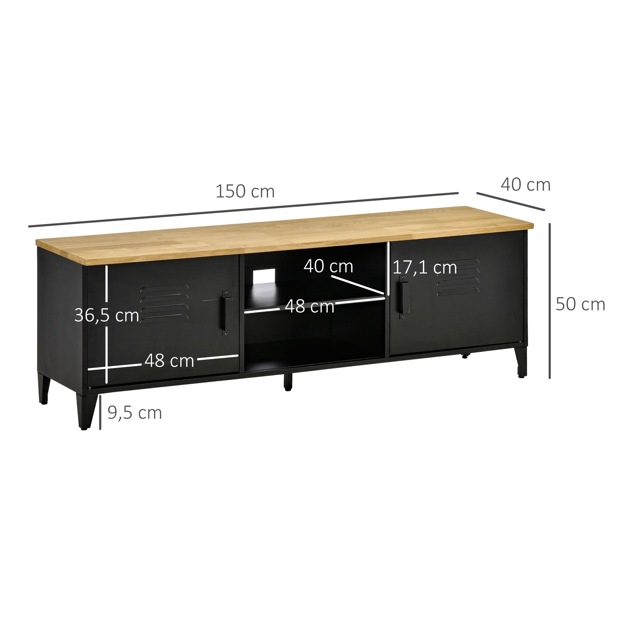 TV Stand TV Bench for 55'' TVs with 2 Cabinets Adjustable Feet Black Metal Frame Natural Wood Top 150 x 40 x 50 cm