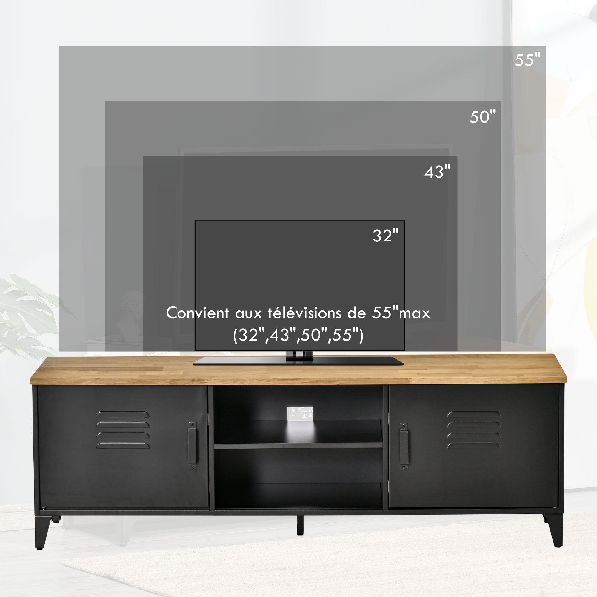 TV Stand TV Bench for 55'' TVs with 2 Cabinets Adjustable Feet Black Metal Frame Natural Wood Top 150 x 40 x 50 cm