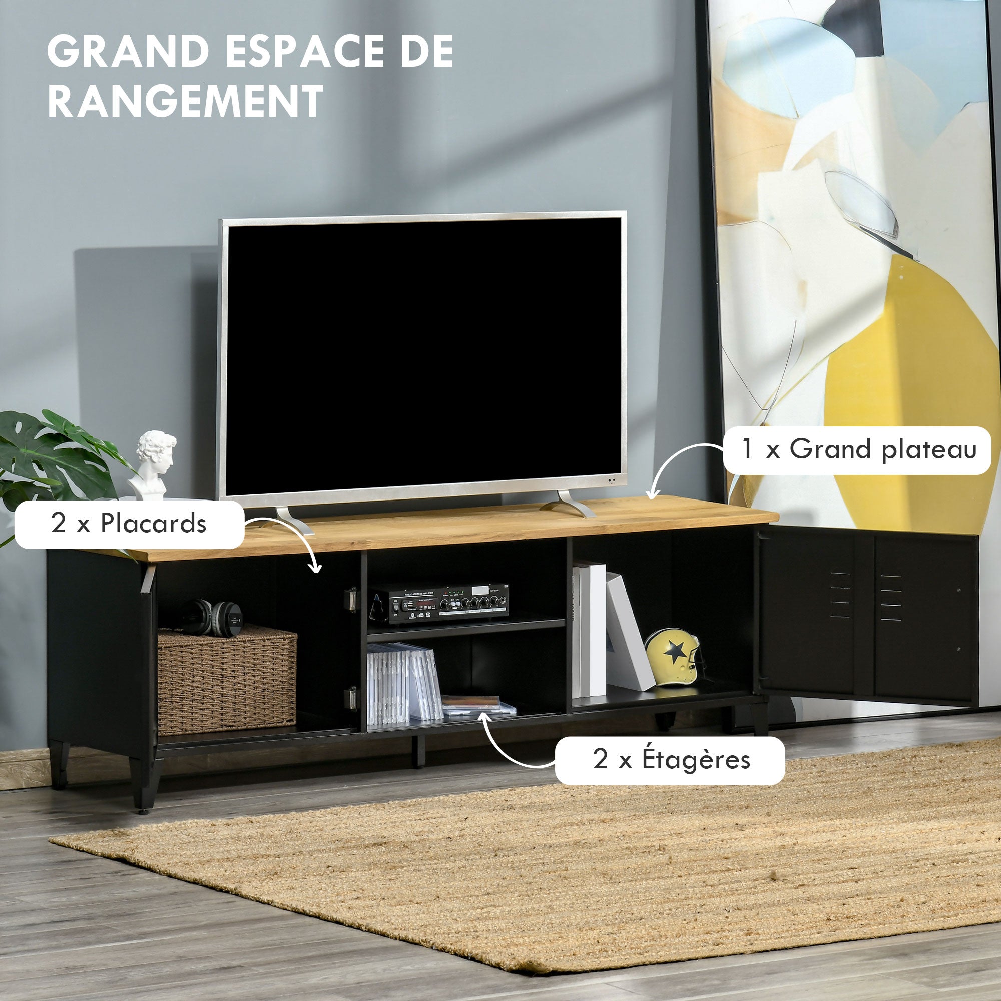 TV Stand TV Bench for 55'' TVs with 2 Cabinets Adjustable Feet Black Metal Frame Natural Wood Top 150 x 40 x 50 cm