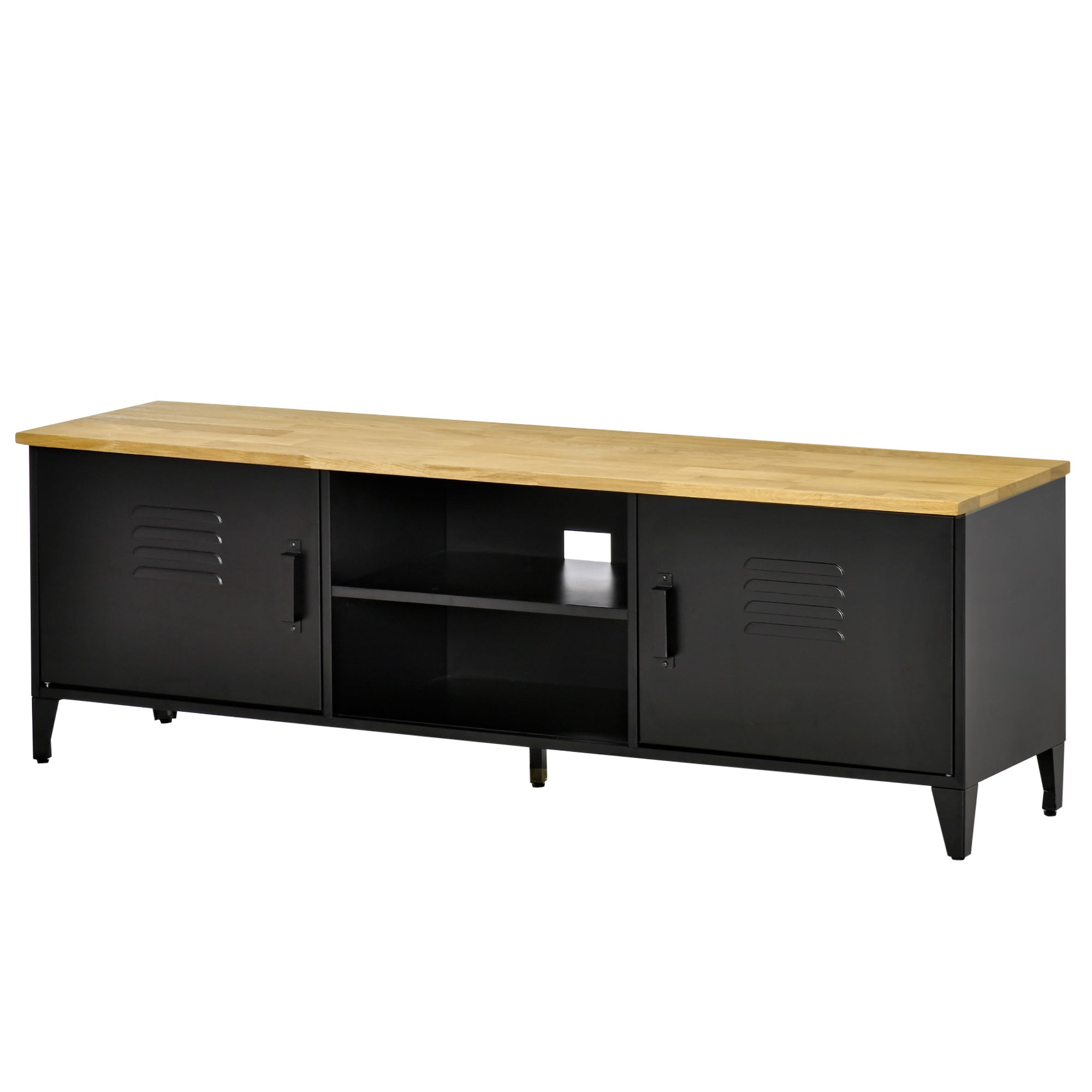 TV Stand TV Bench for 55'' TVs with 2 Cabinets Adjustable Feet Black Metal Frame Natural Wood Top 150 x 40 x 50 cm