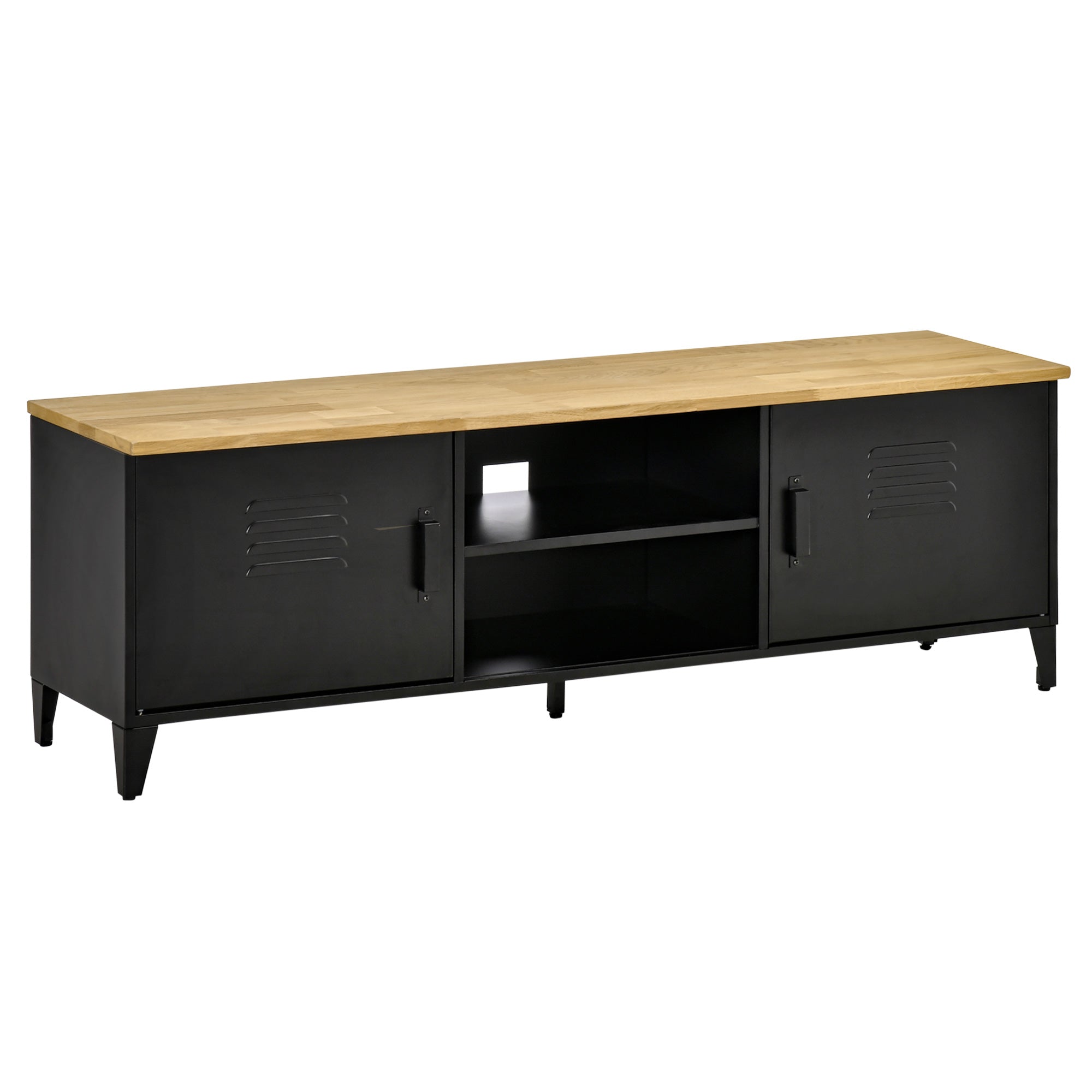 TV Stand TV Bench for 55'' TVs with 2 Cabinets Adjustable Feet Black Metal Frame Natural Wood Top 150 x 40 x 50 cm