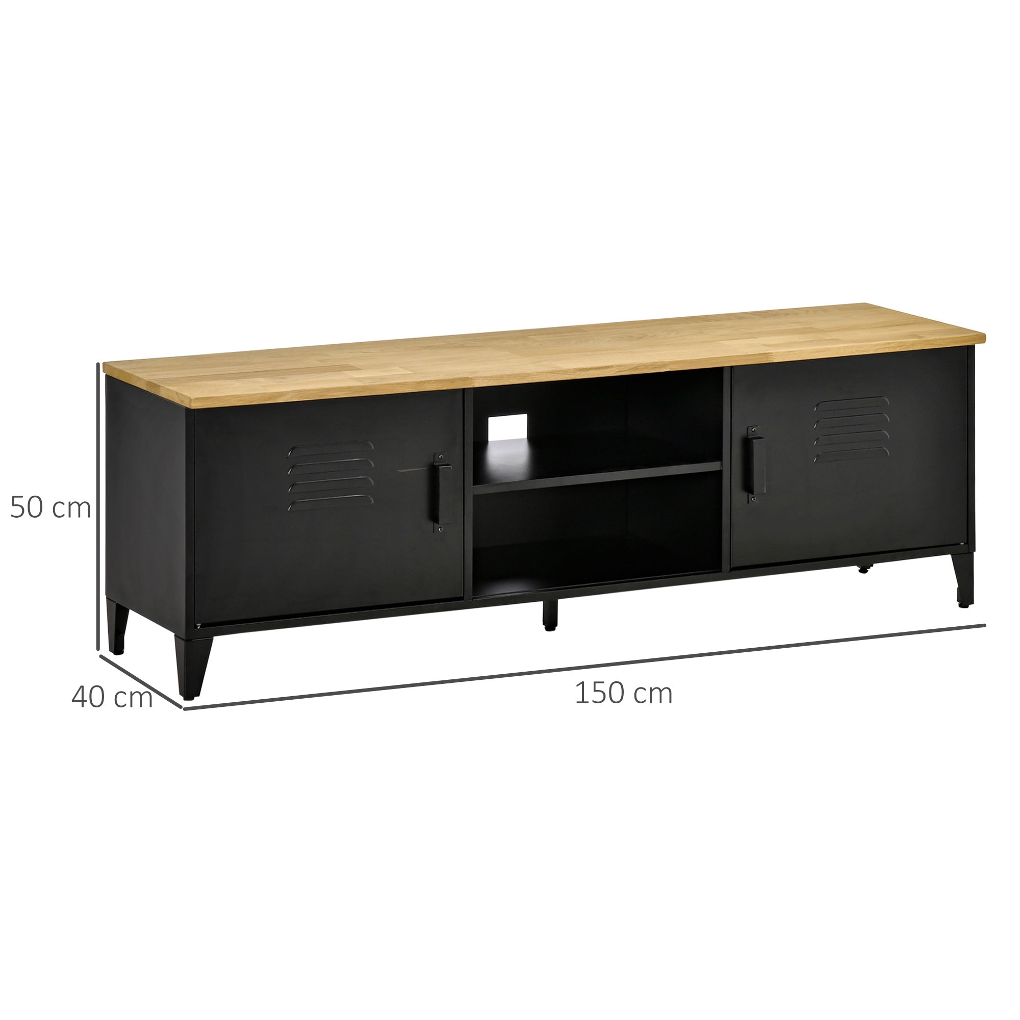 TV Stand TV Bench for 55'' TVs with 2 Cabinets Adjustable Feet Black Metal Frame Natural Wood Top 150 x 40 x 50 cm