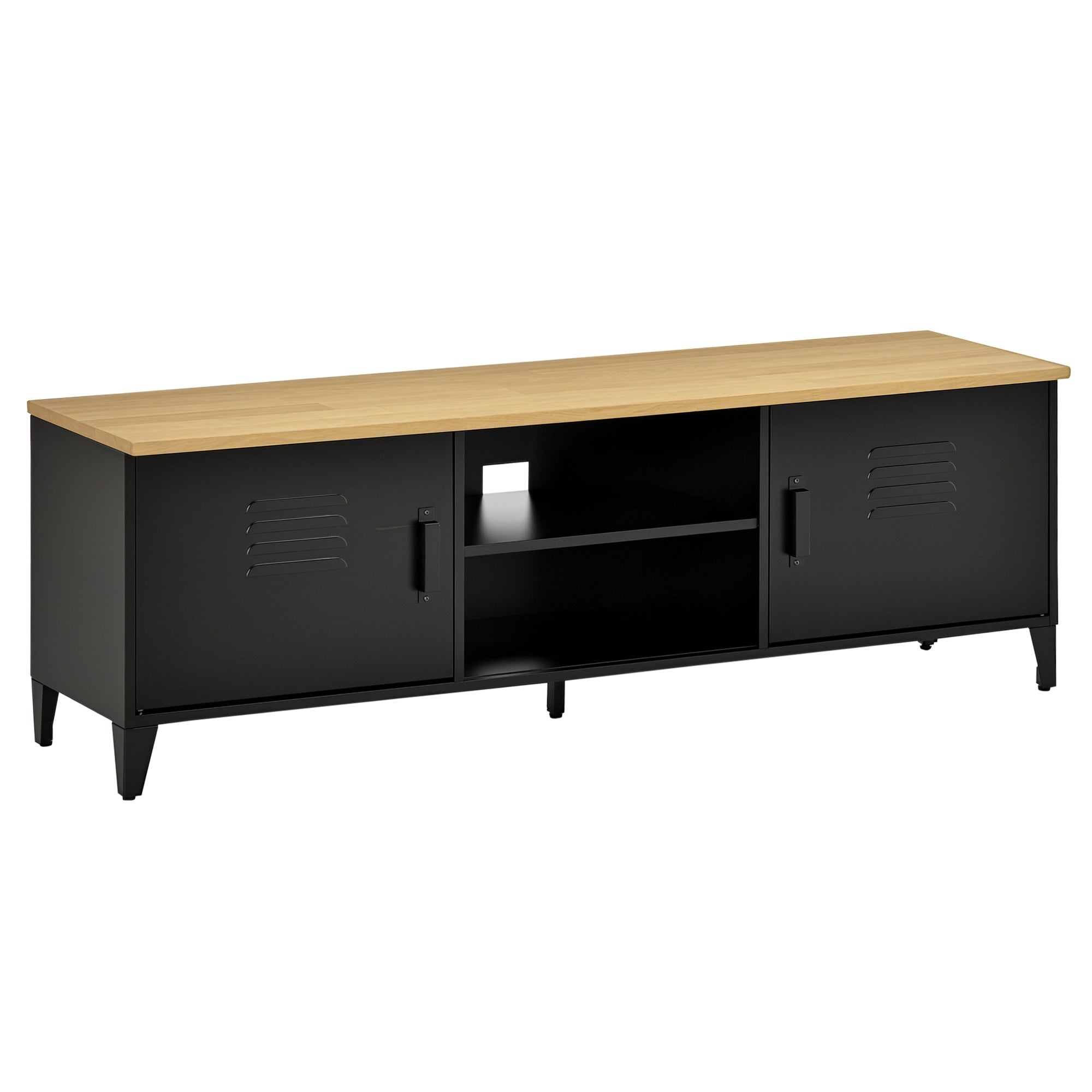 TV Stand TV Bench for 55'' TVs with 2 Cabinets Adjustable Feet Black Metal Frame Natural Wood Top 150 x 40 x 50 cm