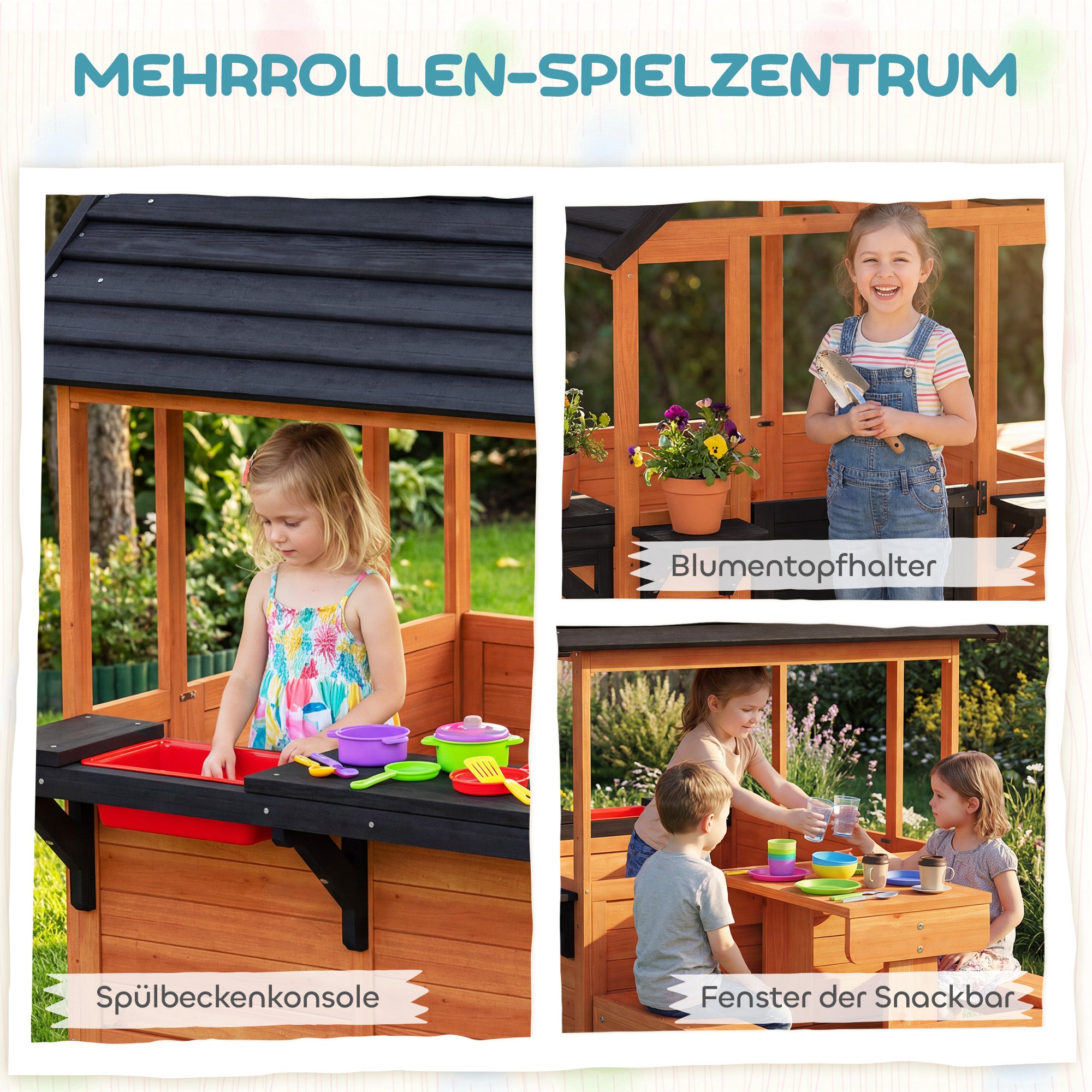 Wooden Outdoor Playhouse for Kids — Table, Benches, Sink, Door, Window & Flower Boxes, Brown, 166.3 x 112.5 x 139.7 cm (65.5 x 44.3 x 55.0 in)