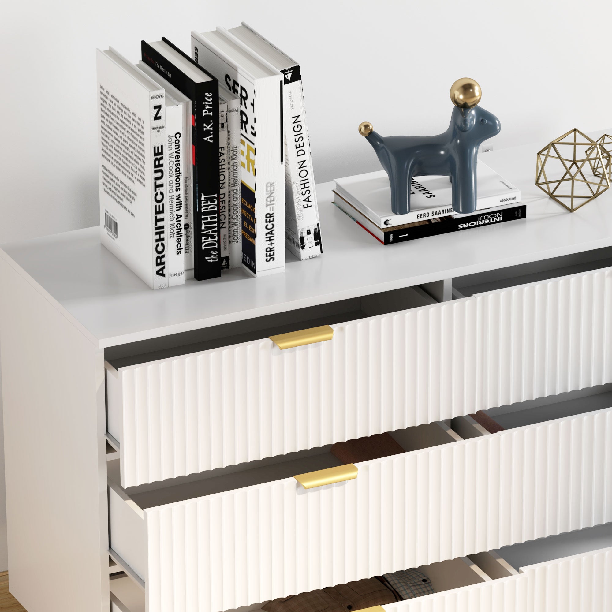 Chest of Drawers 6 Drawers Bedroom Dresser Modern Storage Furniture with Handles and Golden Feet, for Bedroom, Living Room, Dimensions: 120 x 40 x 76.5 cm, White