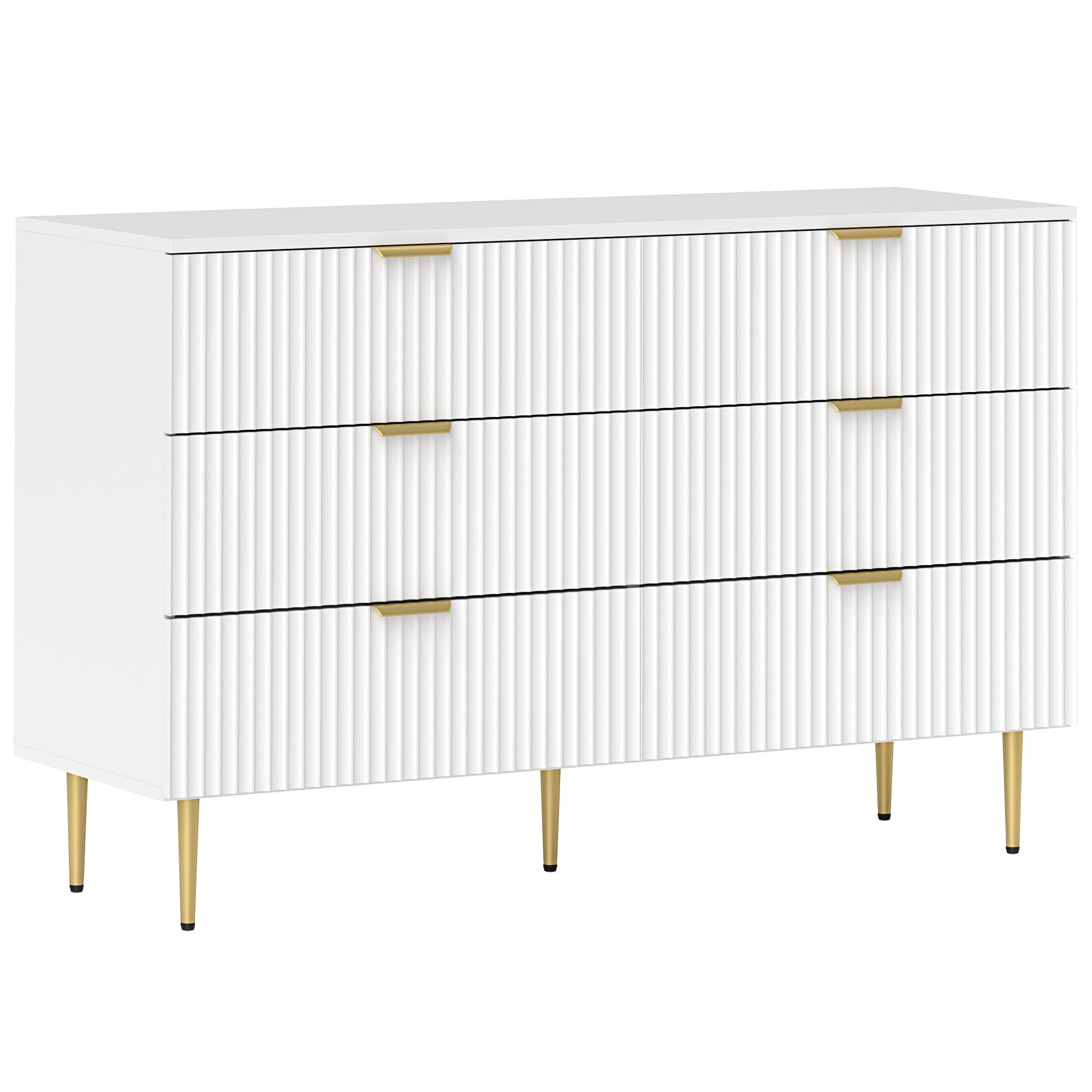 Chest of Drawers 6 Drawers Bedroom Dresser Modern Storage Furniture with Handles and Golden Feet, for Bedroom, Living Room, Dimensions: 120 x 40 x 76.5 cm, White