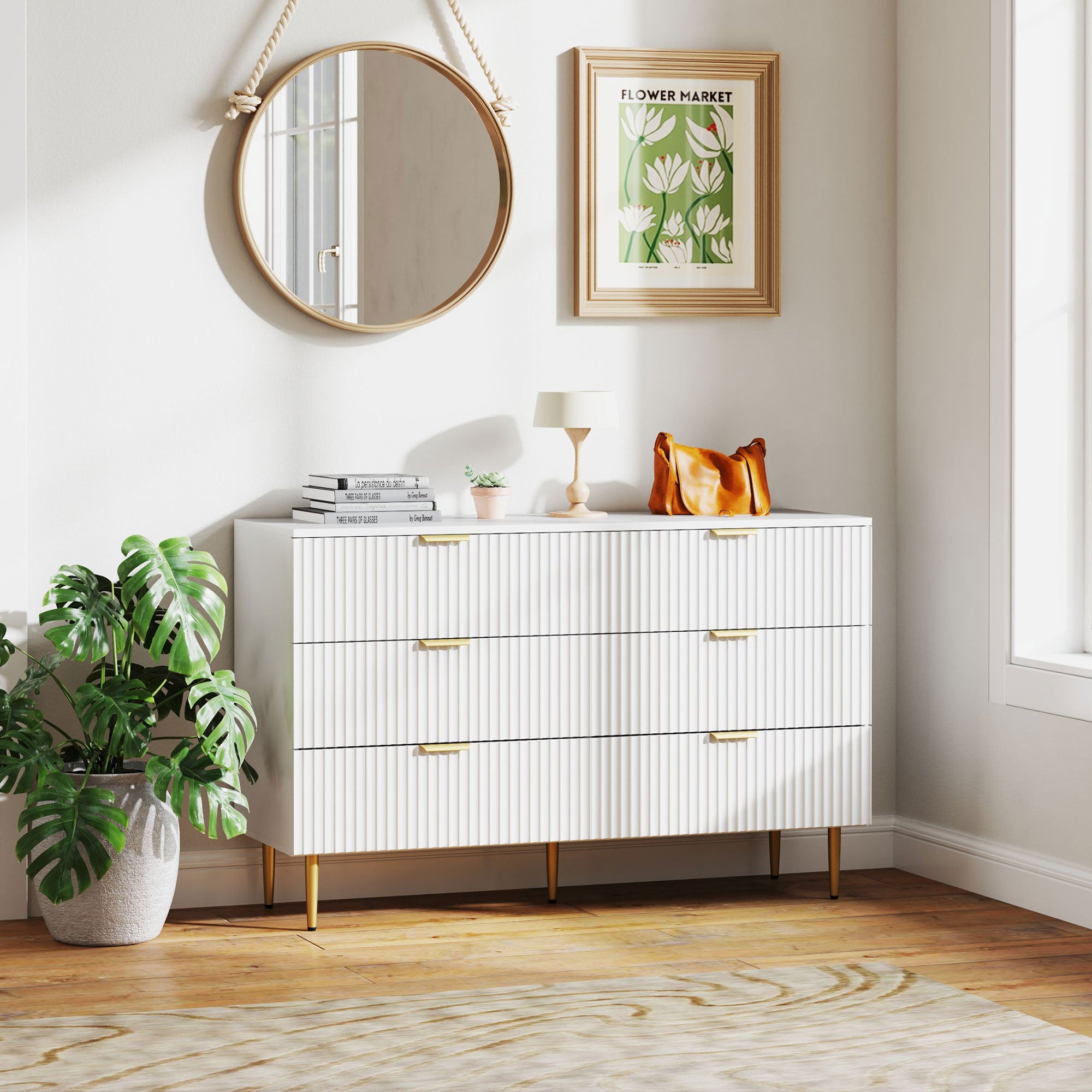 Chest of Drawers 6 Drawers Bedroom Dresser Modern Storage Furniture with Handles and Golden Feet, for Bedroom, Living Room, Dimensions: 120 x 40 x 76.5 cm, White