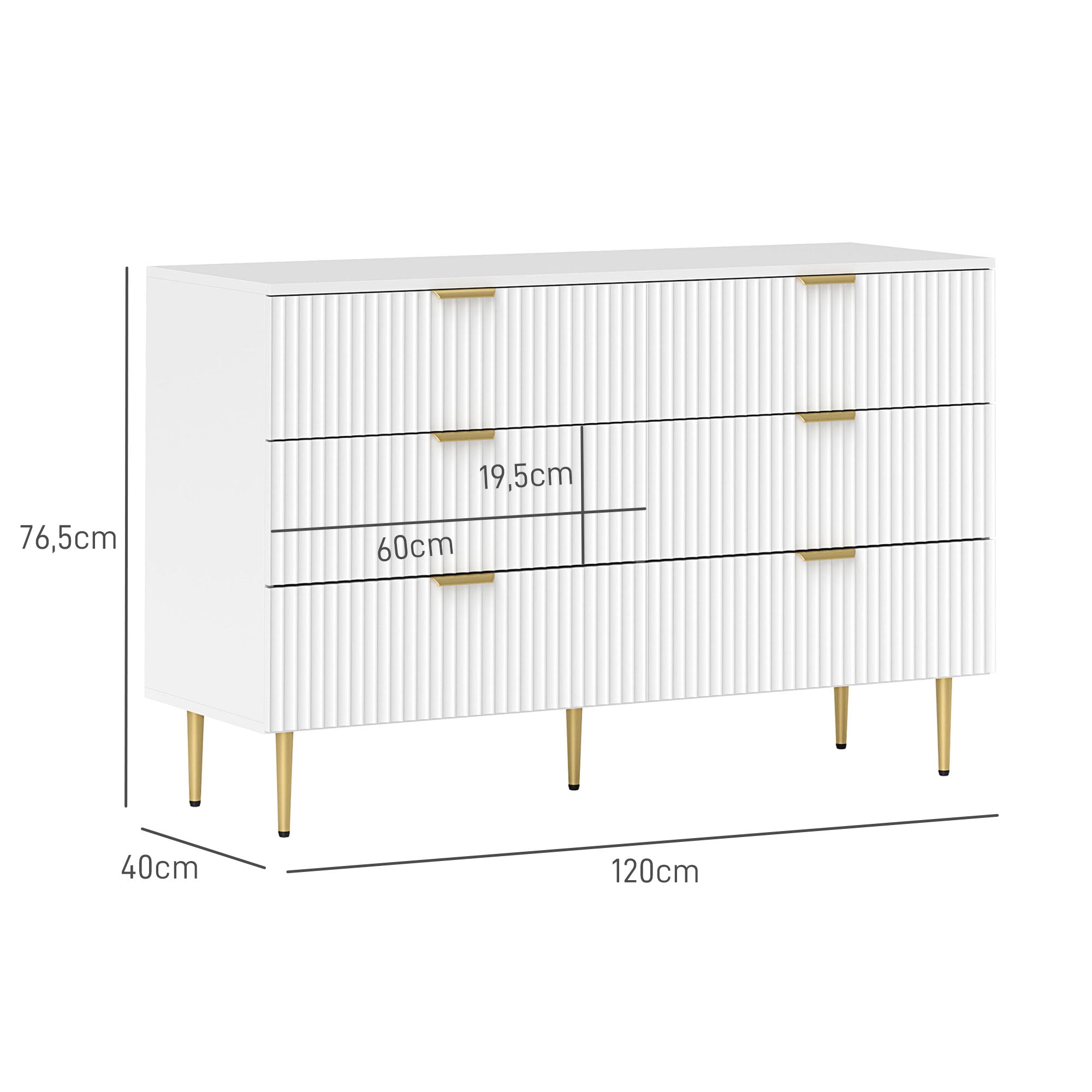 Chest of Drawers 6 Drawers Bedroom Dresser Modern Storage Furniture with Handles and Golden Feet, for Bedroom, Living Room, Dimensions: 120 x 40 x 76.5 cm, White
