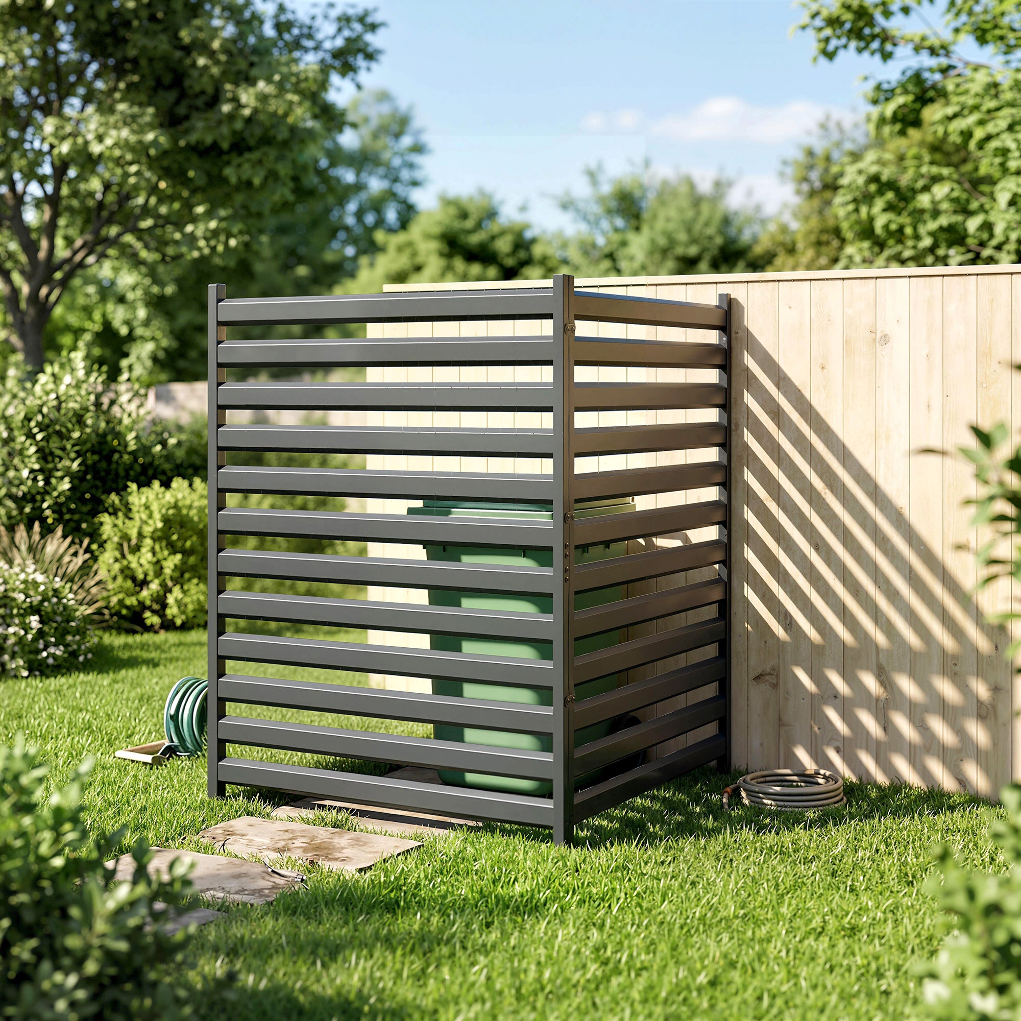 Garden Fence 2 Panels 59.8 x 35.8 in Metal Privacy Fence with Posts & End Caps, Plug-In Decorative Rust-Resistant Outdoor Panels for Trash, Pool, No-Dig Installation, Black