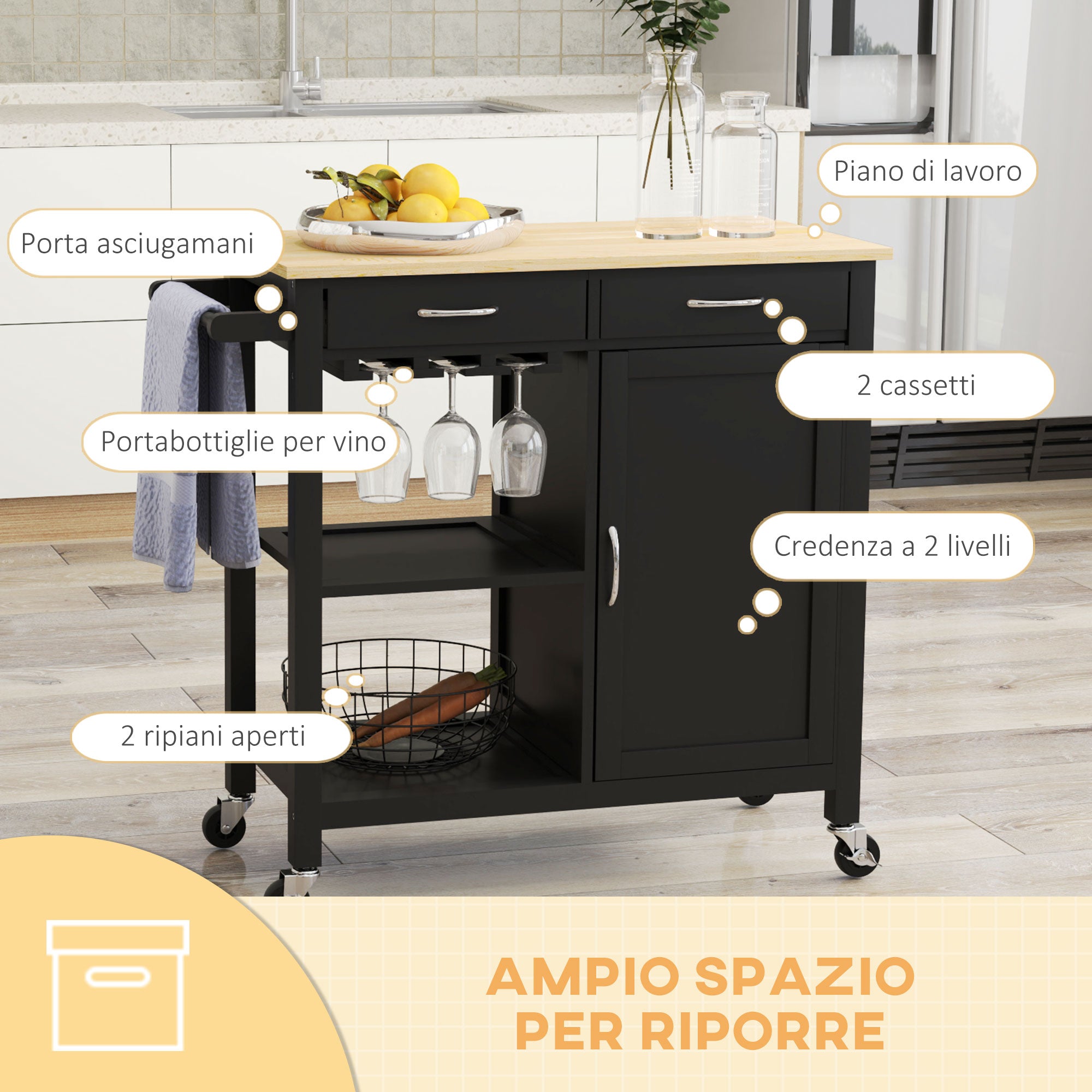 Classic Kitchen Trolley with 2 Drawers and Wheels, Wooden Kitchen Island with 2-Door Space-Saving Cabinet, 89x40x84cm, Black