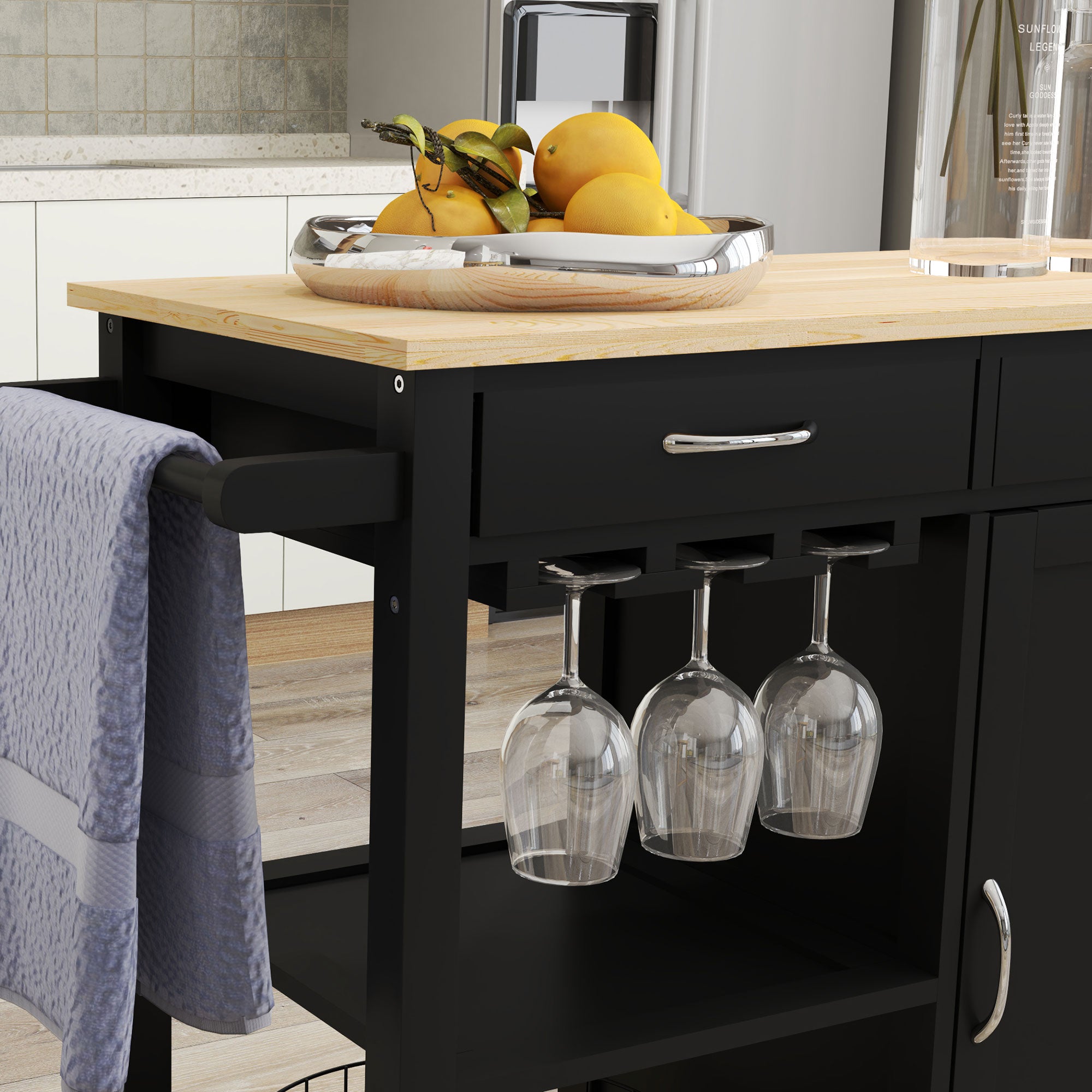 Classic Kitchen Trolley with 2 Drawers and Wheels, Wooden Kitchen Island with 2-Door Space-Saving Cabinet, 89x40x84cm, Black