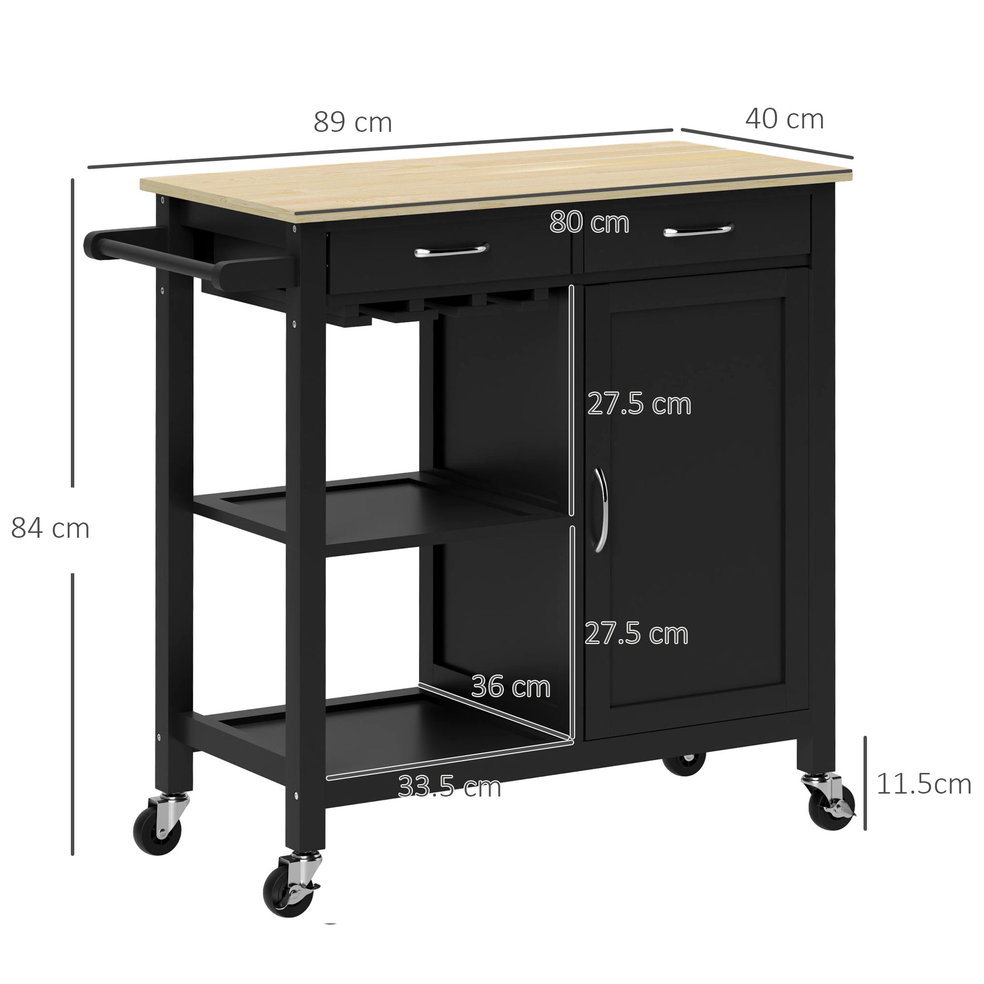 Classic Kitchen Trolley with 2 Drawers and Wheels, Wooden Kitchen Island with 2-Door Space-Saving Cabinet, 89x40x84cm, Black