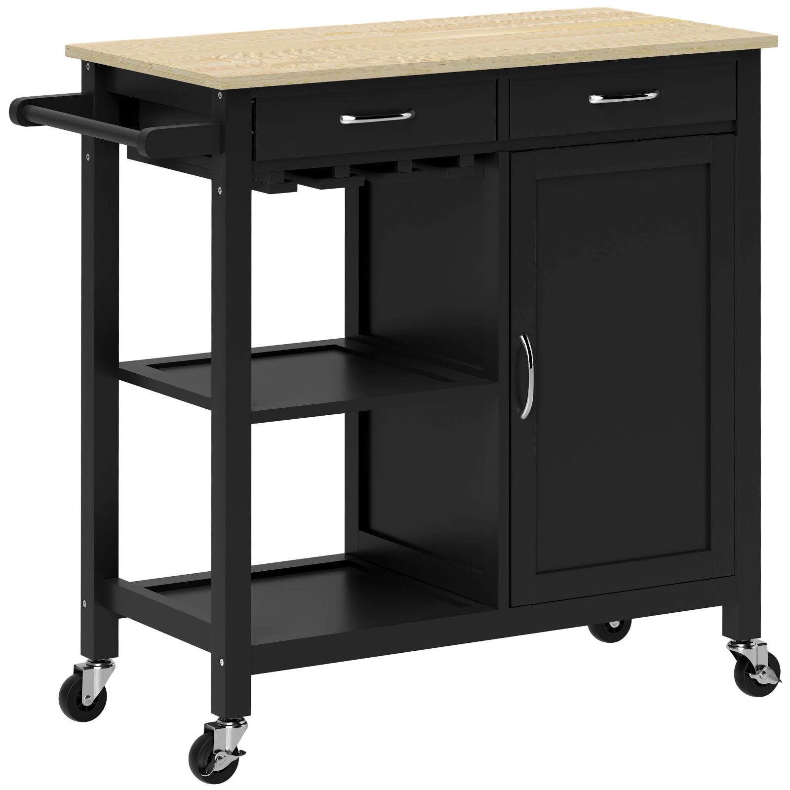 Classic Kitchen Trolley with 2 Drawers and Wheels, Wooden Kitchen Island with 2-Door Space-Saving Cabinet, 89x40x84cm, Black