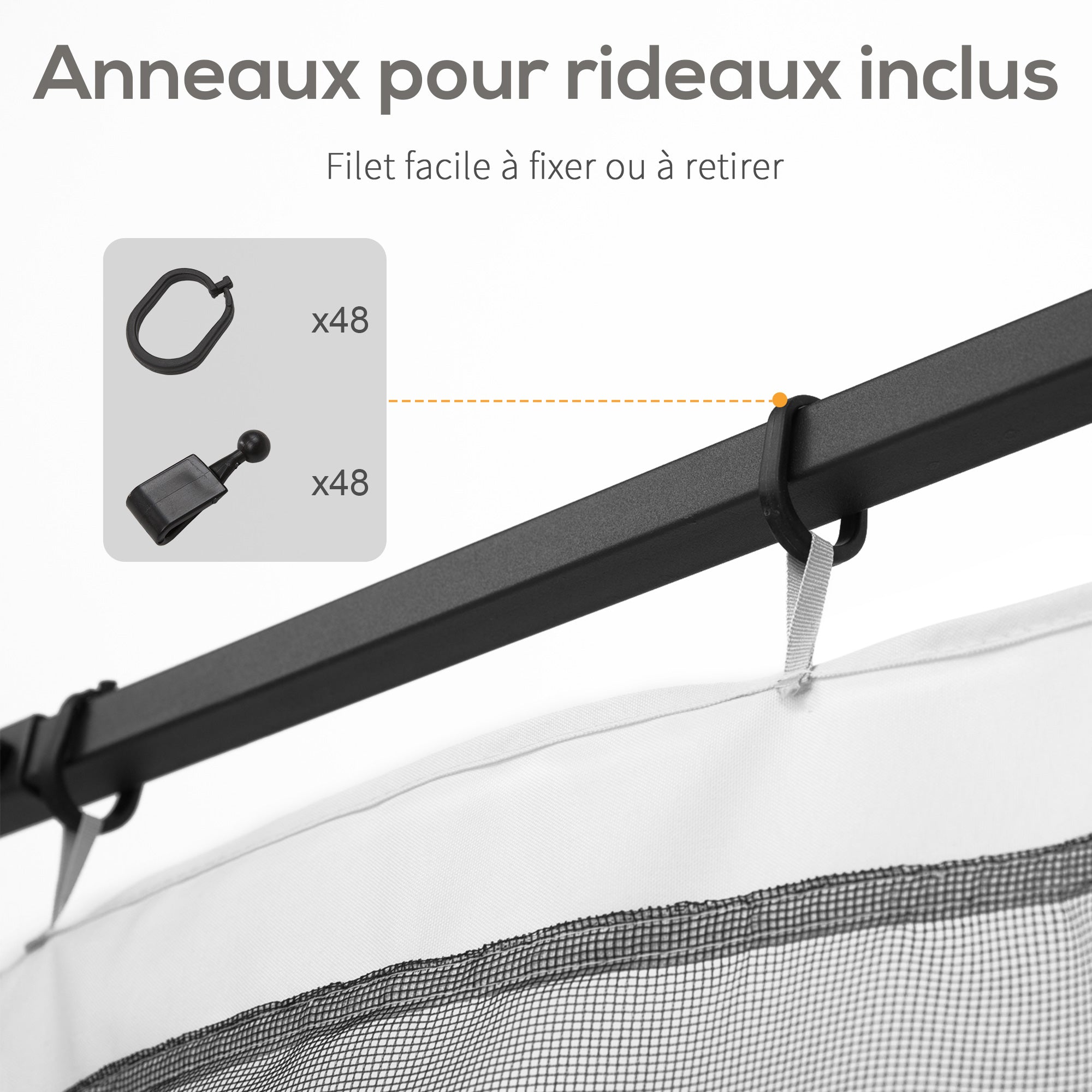 Mosquito Nets for Gazebo/Canopy/Pavilion 3 x 3 m - Set of 4 Zippered Panels + Attachment Hooks - Polyester/Nylon