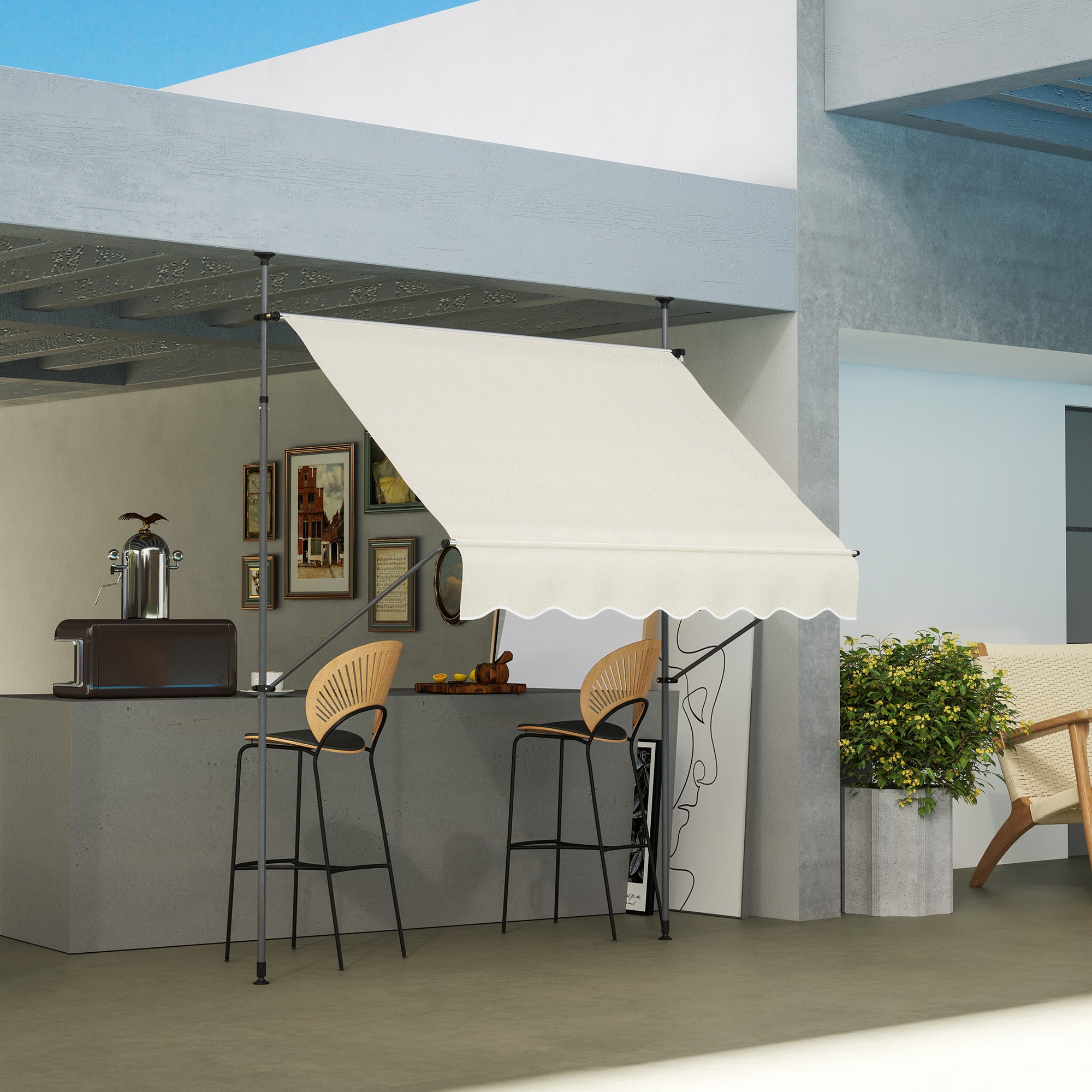 Freestanding Manual Retractable Awning Canopy 2W x 1.2D x 2.1-3H m Adjustable Tilt for Balcony without Drilling Holes Aluminum Metal Polyester Sand