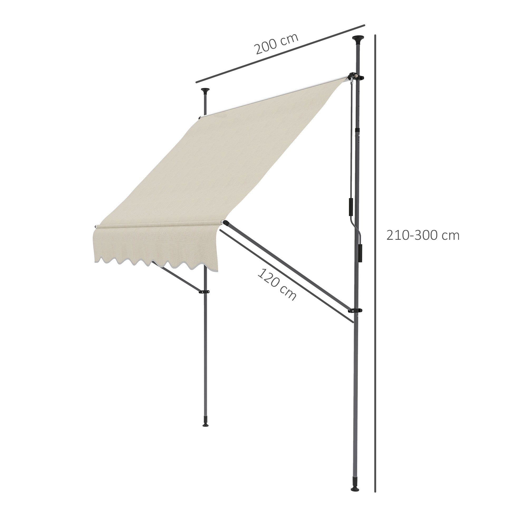 Freestanding Manual Retractable Awning Canopy 2W x 1.2D x 2.1-3H m Adjustable Tilt for Balcony without Drilling Holes Aluminum Metal Polyester Sand