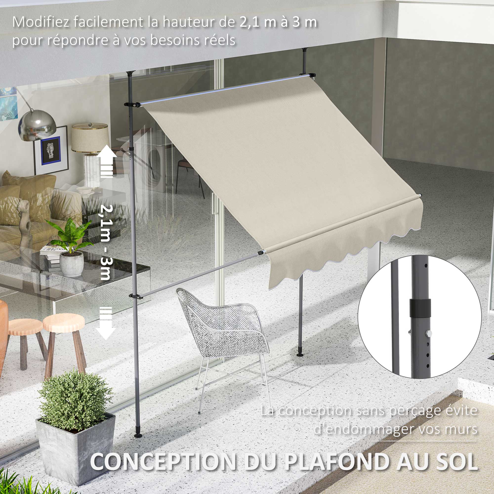 Freestanding Manual Retractable Awning Canopy 2W x 1.2D x 2.1-3H m Adjustable Tilt for Balcony without Drilling Holes Aluminum Metal Polyester Sand