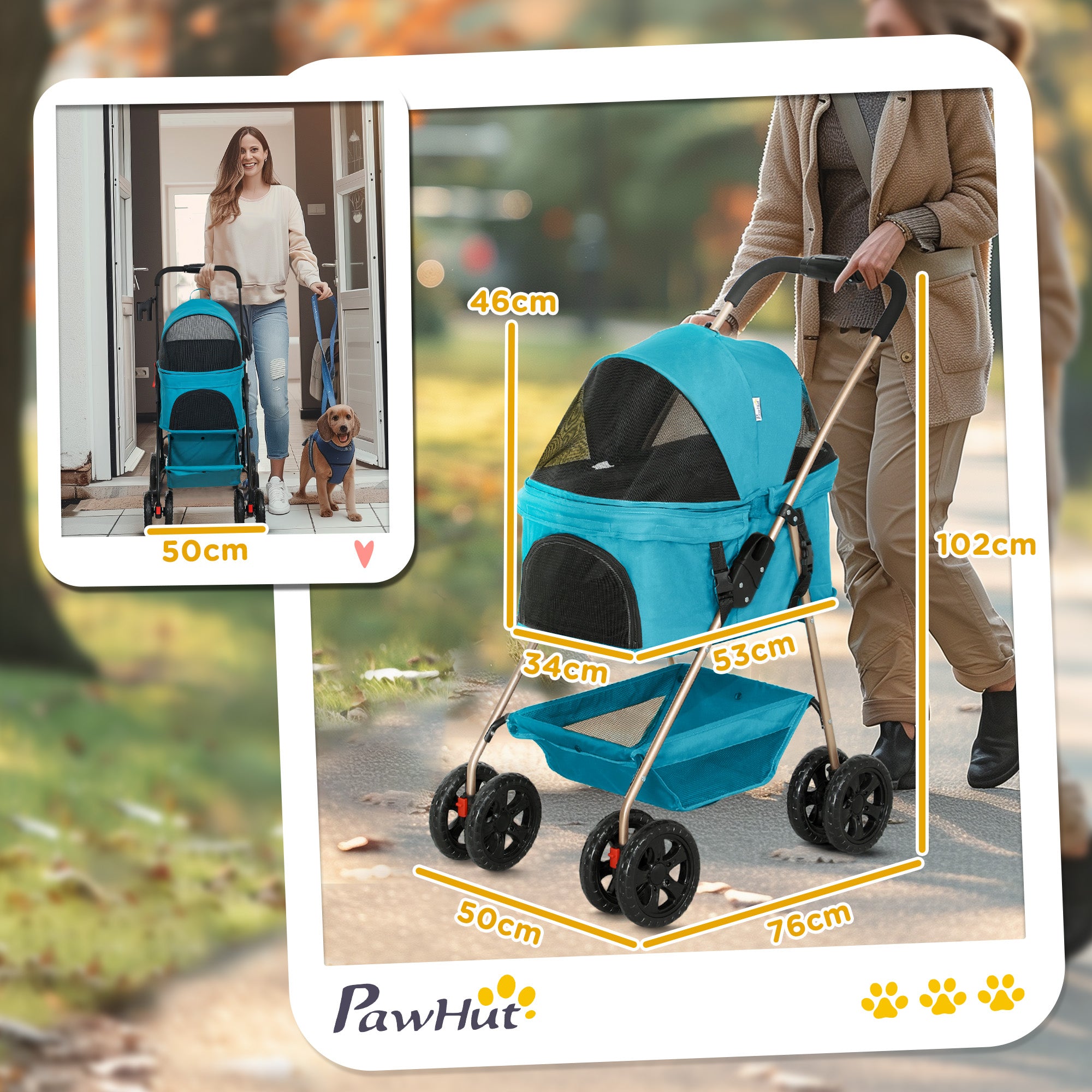 Dog Stroller 3 in 1 Dog Buggy Foldable for Dogs & Cats up to 4 kg Cat Stroller with Cushion Mesh Windows Cup Holder Storage Basket Cat Carrier Buggy Turquoise