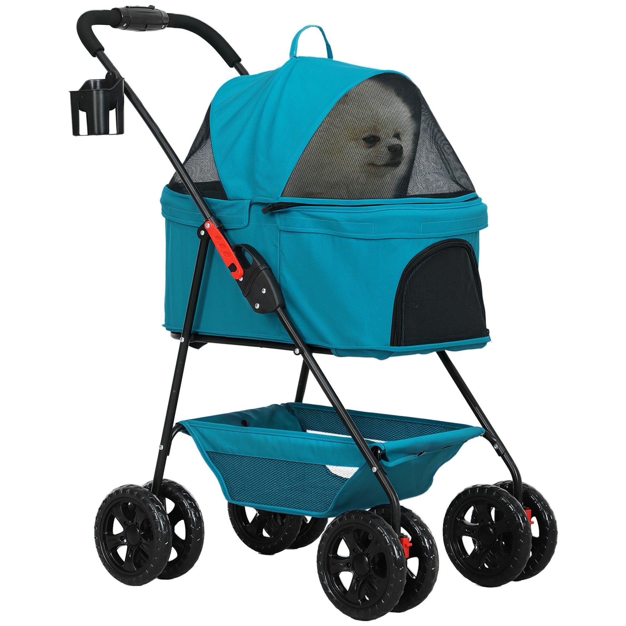 Dog Stroller 3 in 1 Dog Buggy Foldable for Dogs & Cats up to 4 kg Cat Stroller with Cushion Mesh Windows Cup Holder Storage Basket Cat Carrier Buggy Turquoise
