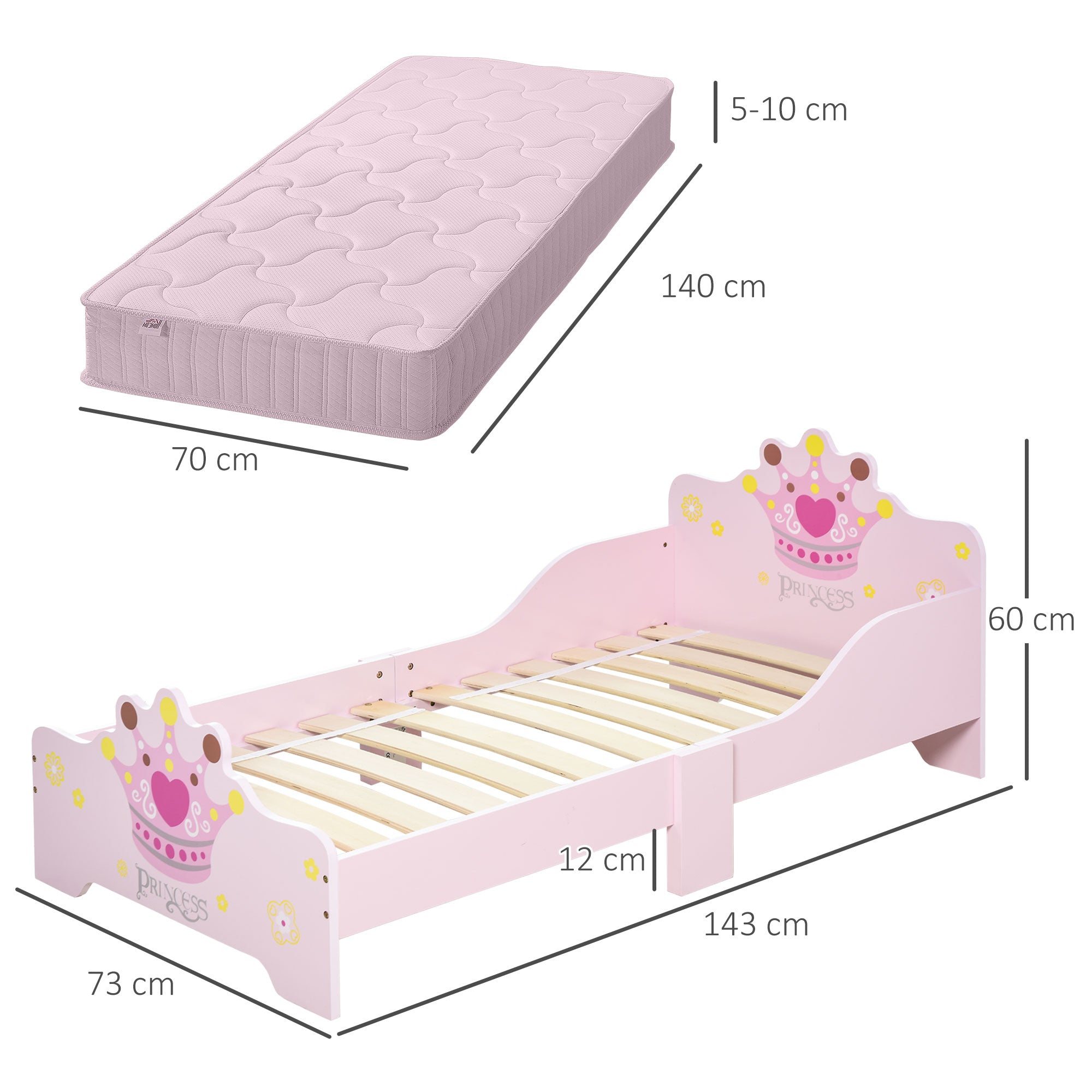 Children's Bed for +3 Years 143x73x60 cm Wooden Kids Bed with Crown Print Load 50 kg for Bedroom Pink