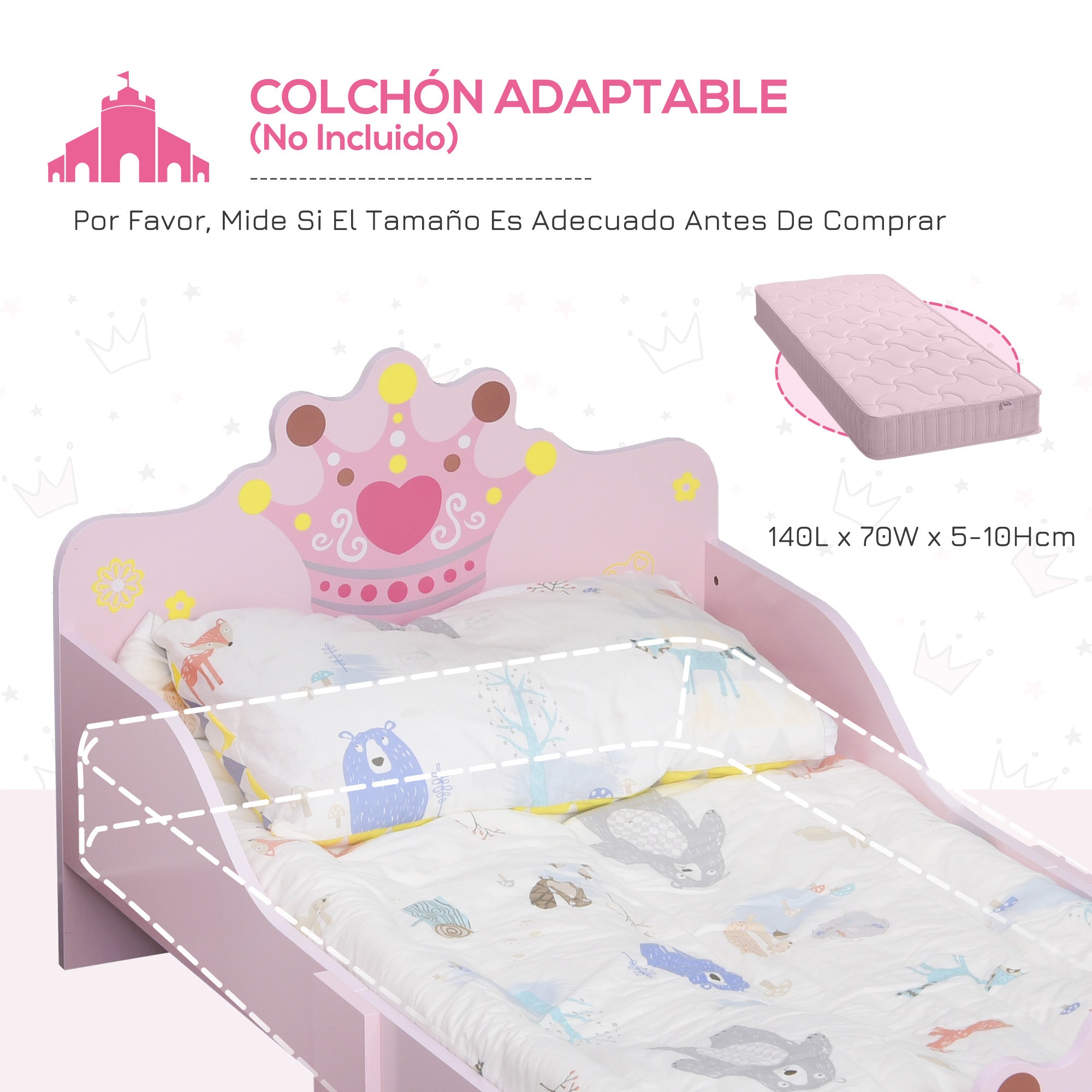 Children's Bed for +3 Years 143x73x60 cm Wooden Kids Bed with Crown Print Load 50 kg for Bedroom Pink