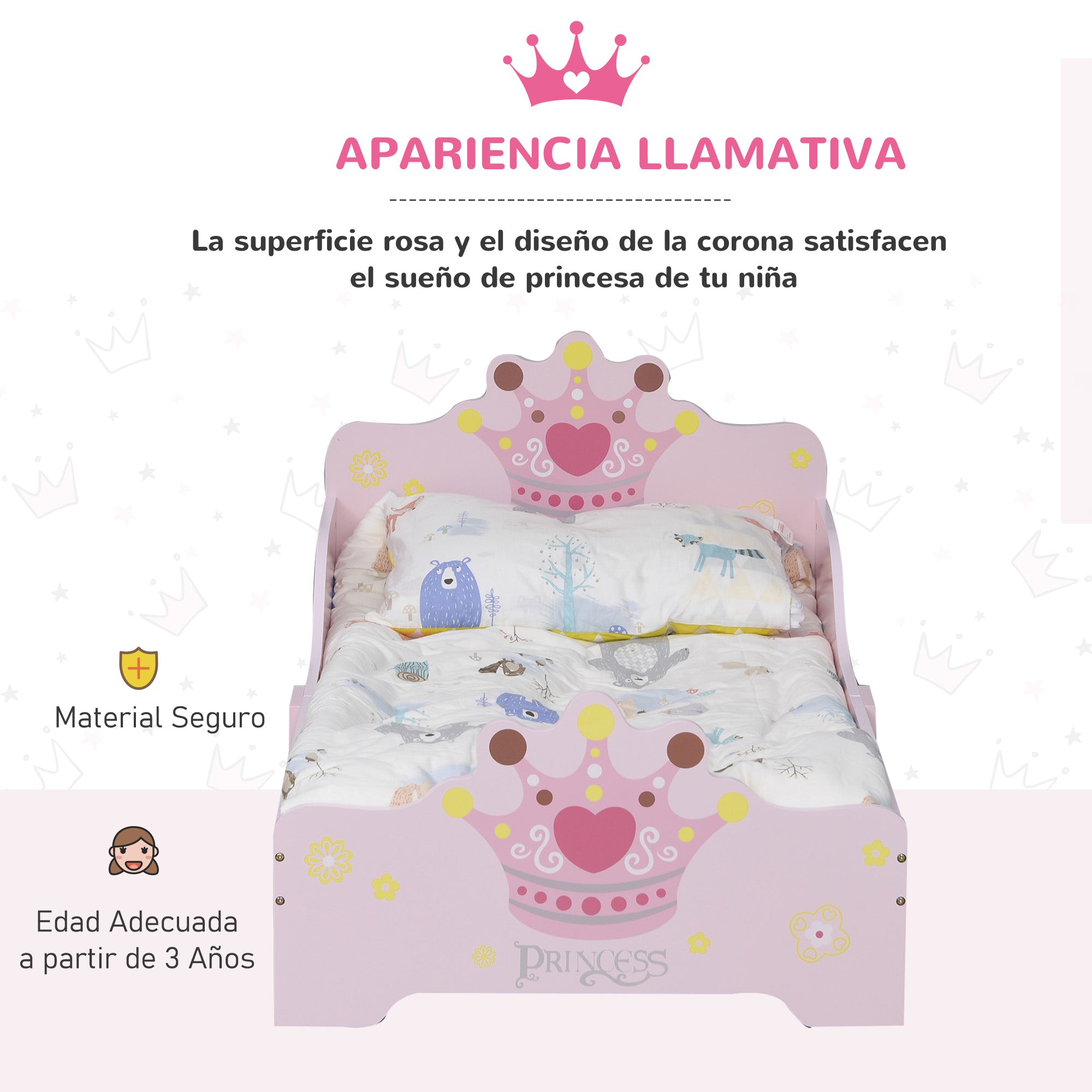 Children's Bed for +3 Years 143x73x60 cm Wooden Kids Bed with Crown Print Load 50 kg for Bedroom Pink