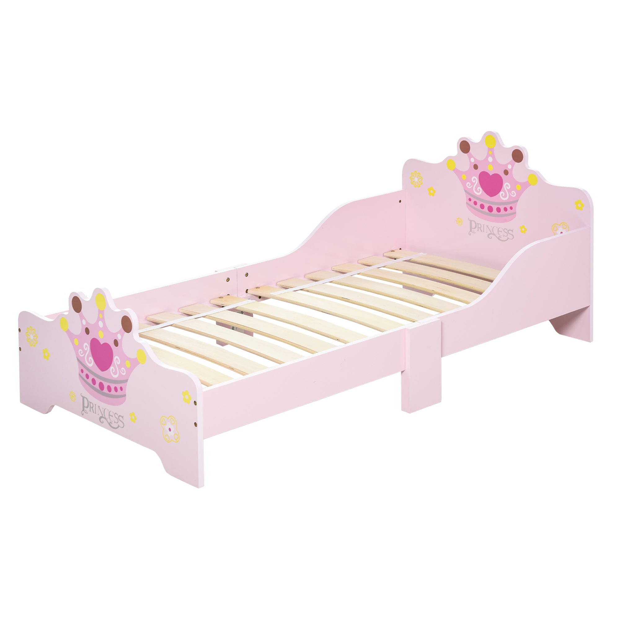 Children's Bed for +3 Years 143x73x60 cm Wooden Kids Bed with Crown Print Load 50 kg for Bedroom Pink