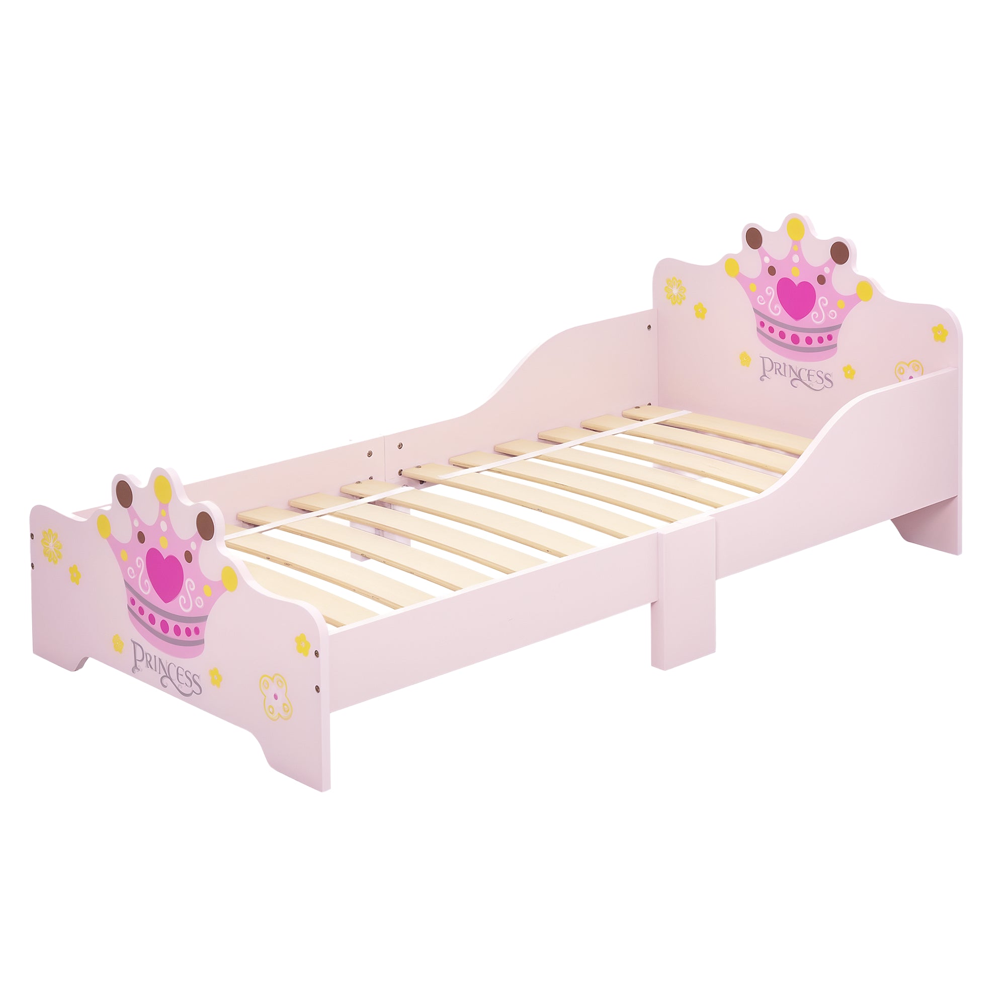 Children's Bed for +3 Years 143x73x60 cm Wooden Kids Bed with Crown Print Load 50 kg for Bedroom Pink