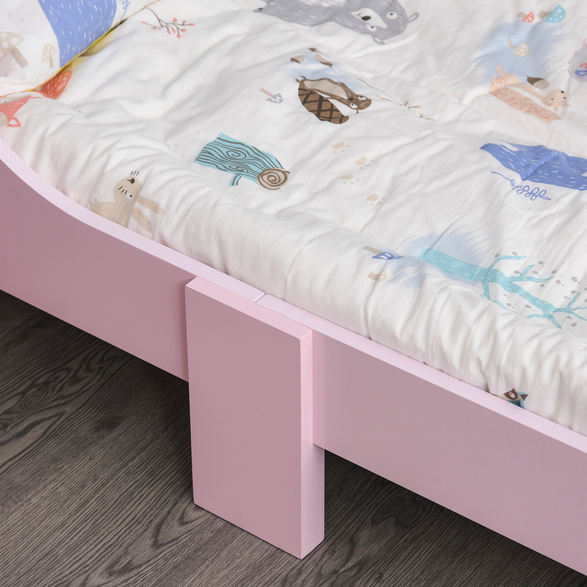 Children's Bed for +3 Years 143x73x60 cm Wooden Kids Bed with Crown Print Load 50 kg for Bedroom Pink