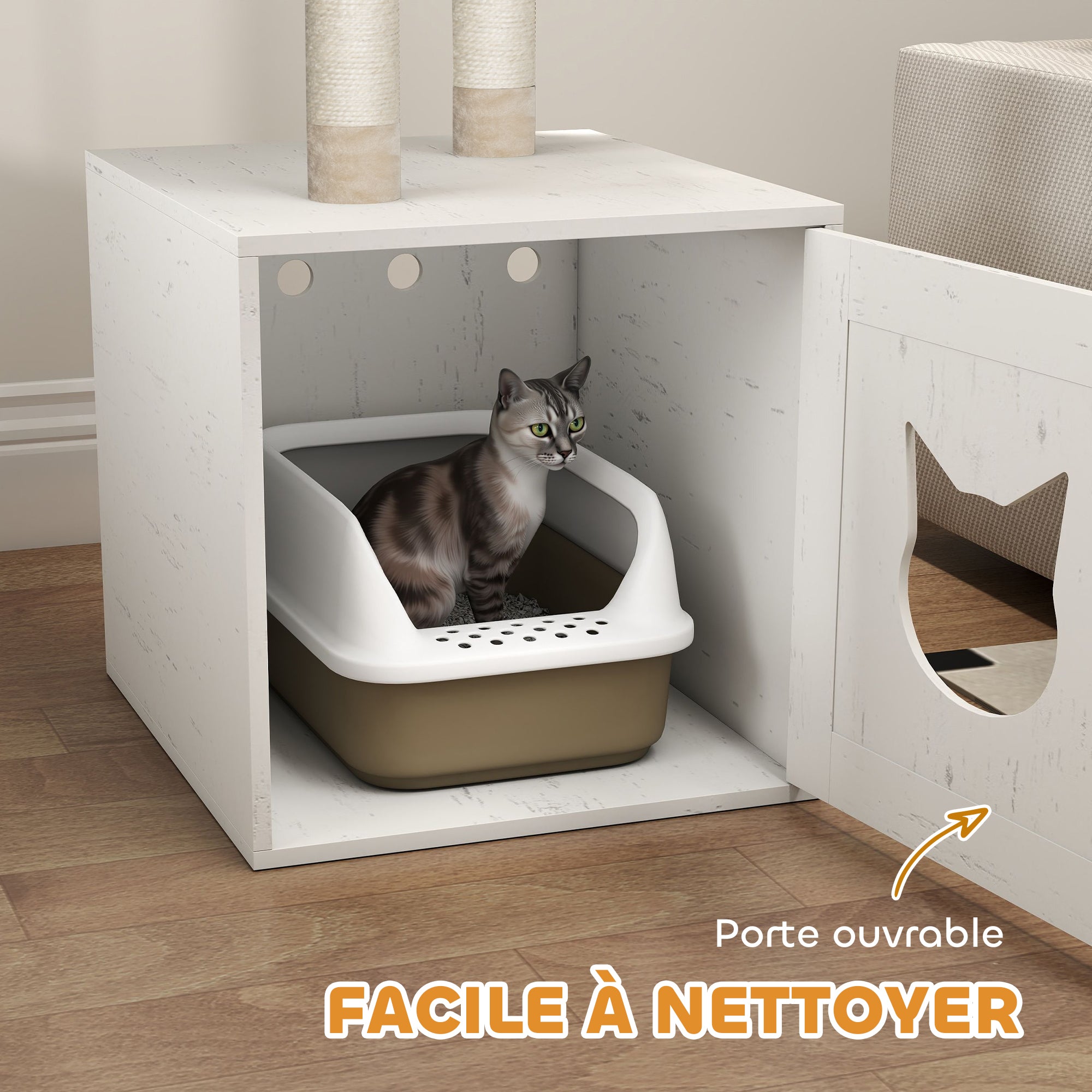 Cat Tree with Toilet House, 2-in-1 Play Tower, Cat Bed with Litter Box Enclosure, Scratching Posts, Platform, Bed, Cream