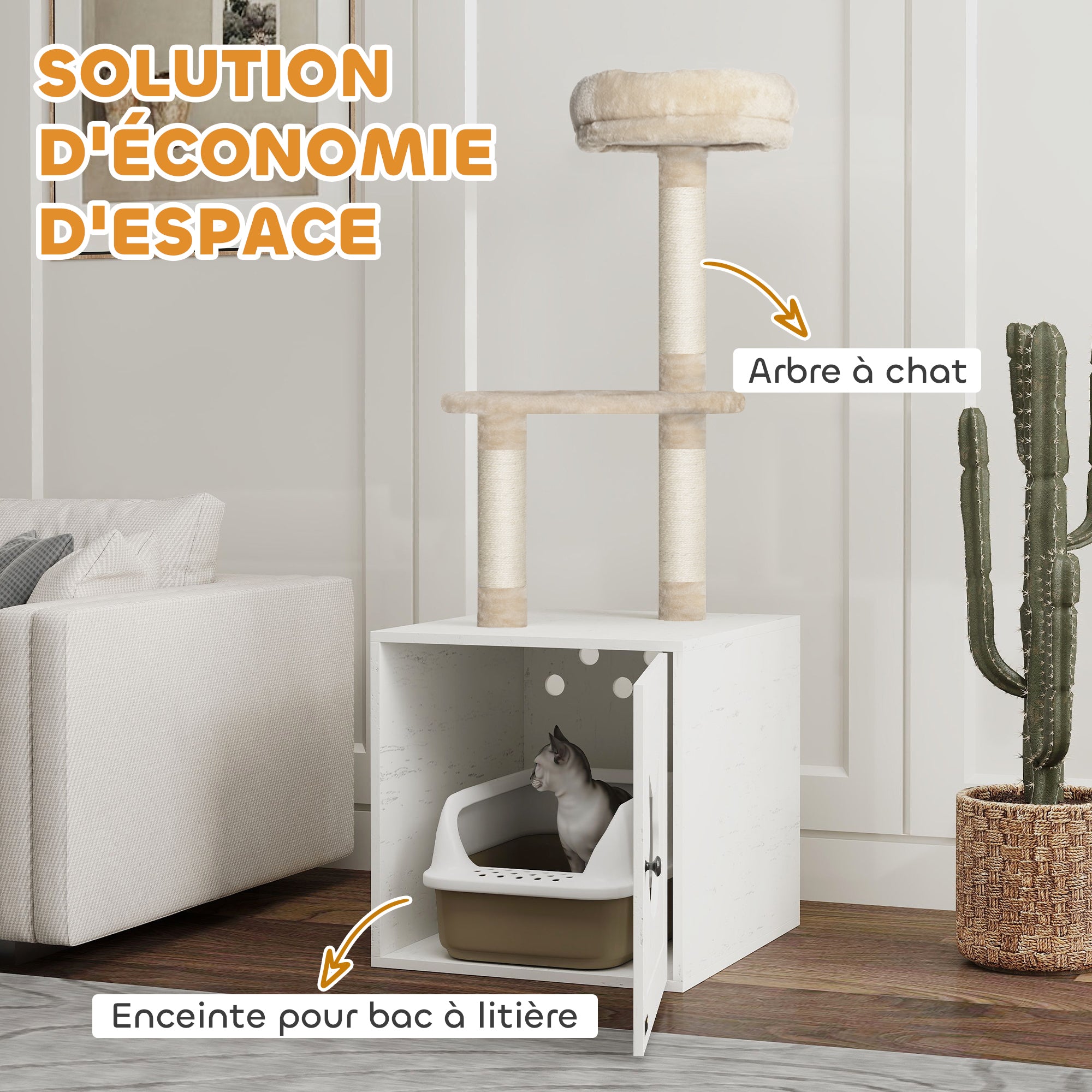 Cat Tree with Toilet House, 2-in-1 Play Tower, Cat Bed with Litter Box Enclosure, Scratching Posts, Platform, Bed, Cream