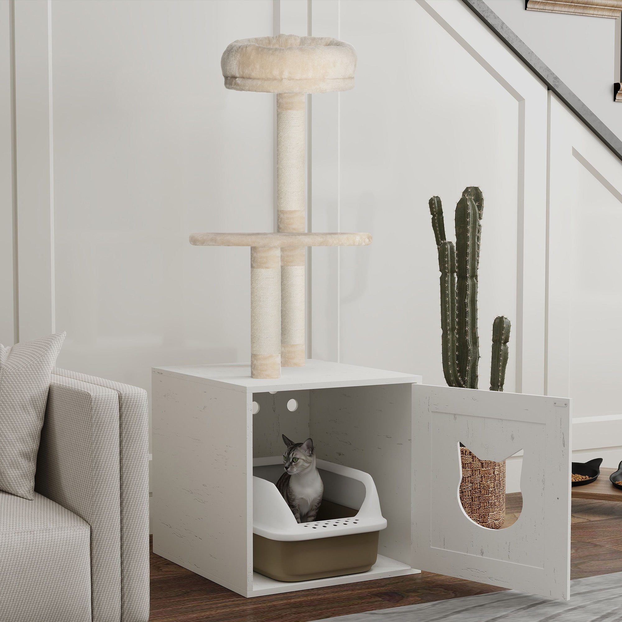 Cat Tree with Toilet House, 2-in-1 Play Tower, Cat Bed with Litter Box Enclosure, Scratching Posts, Platform, Bed, Cream