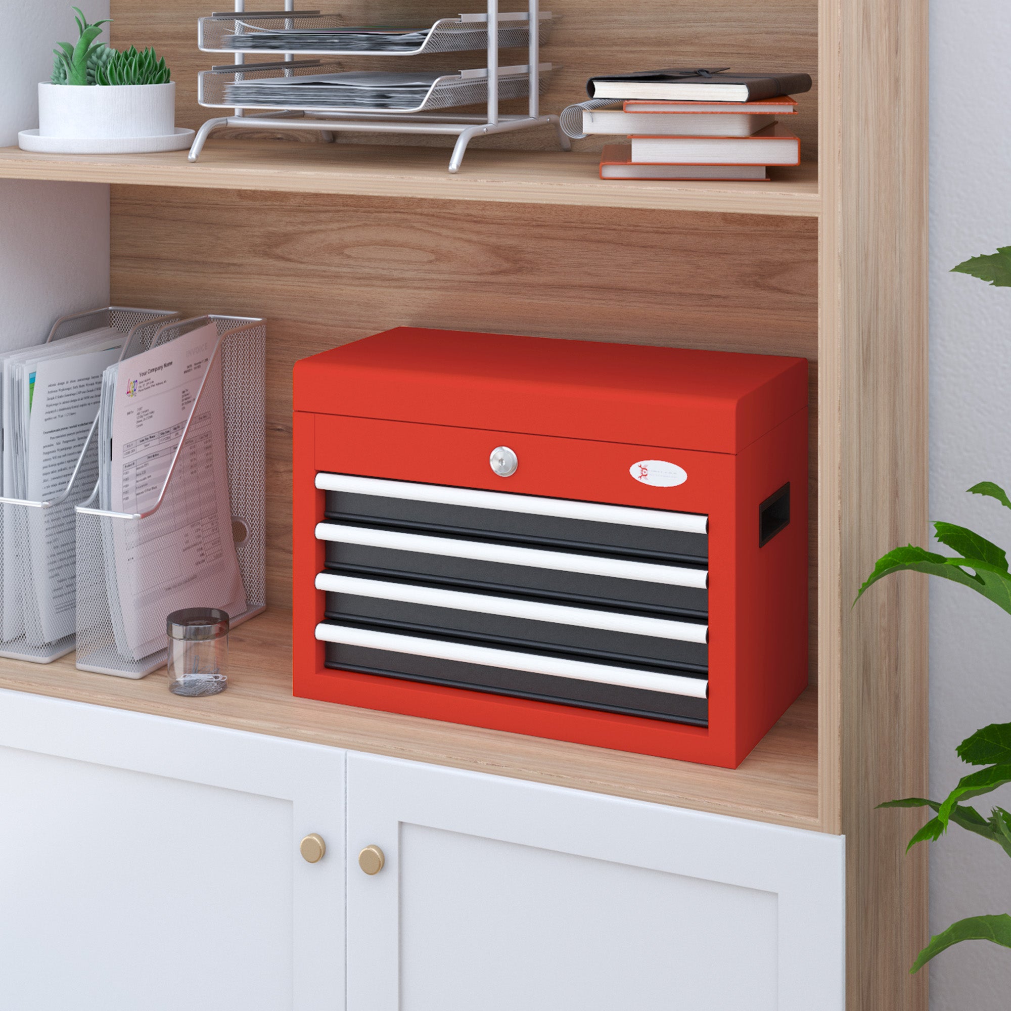 Tool Chest, Tool Box, Tool Box without Tools, Tool Chest with 4 Drawers, Lock, Steel, Red, 45 x 24.5 x 32.5 cm