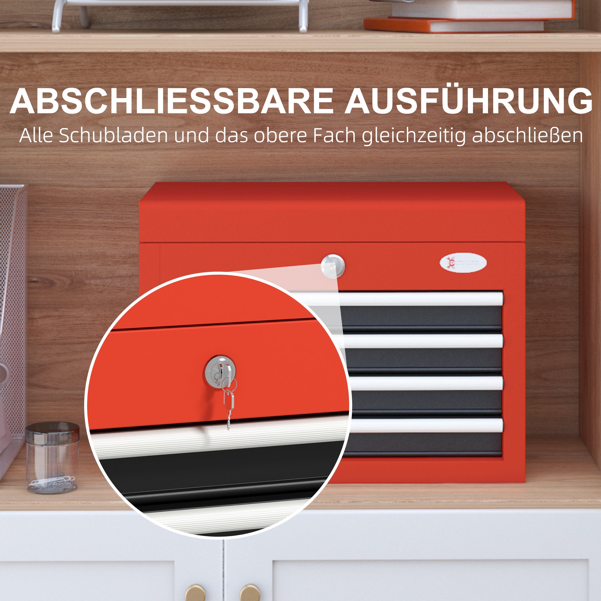 Tool Chest, Tool Box, Tool Box without Tools, Tool Chest with 4 Drawers, Lock, Steel, Red, 45 x 24.5 x 32.5 cm