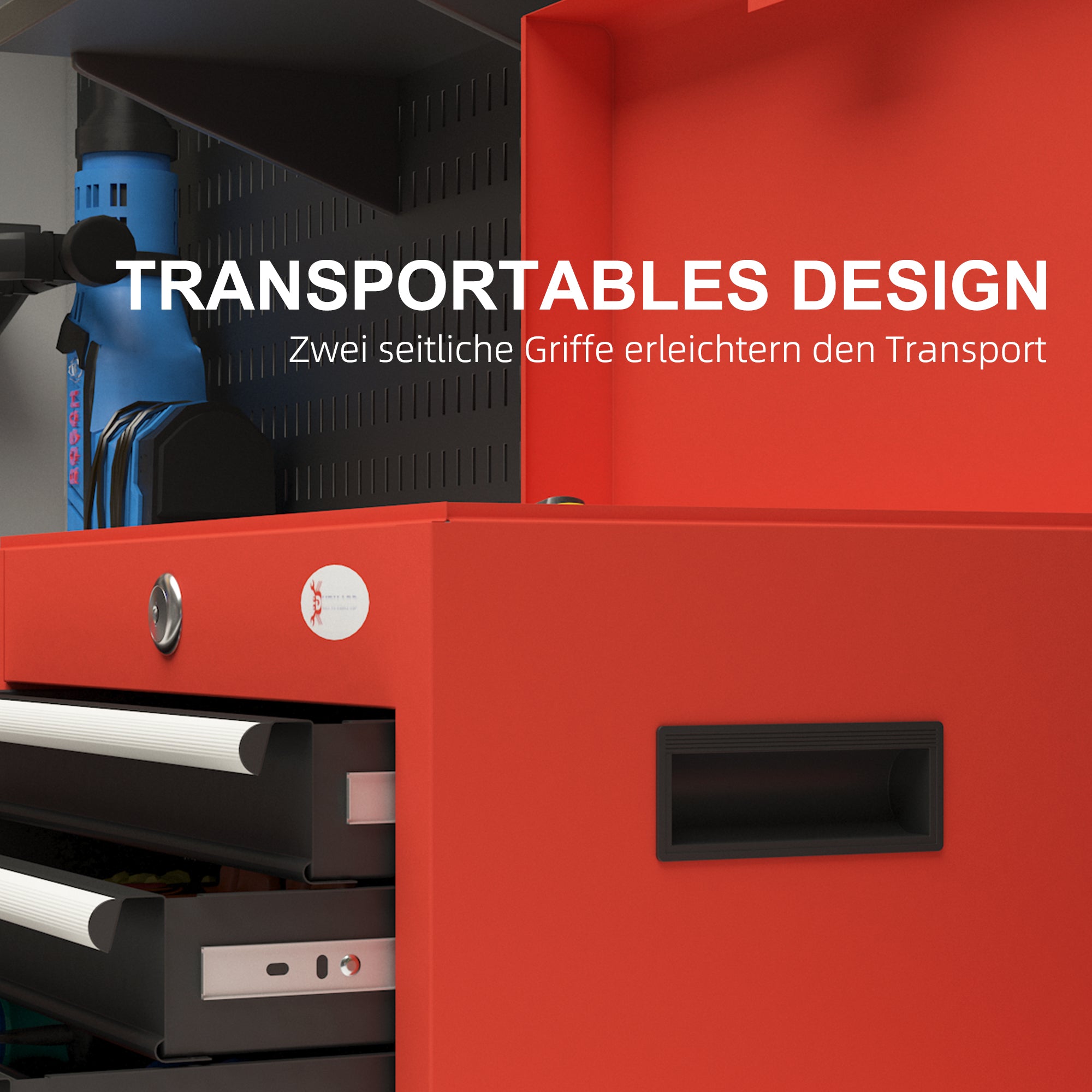 Tool Chest, Tool Box, Tool Box without Tools, Tool Chest with 4 Drawers, Lock, Steel, Red, 45 x 24.5 x 32.5 cm