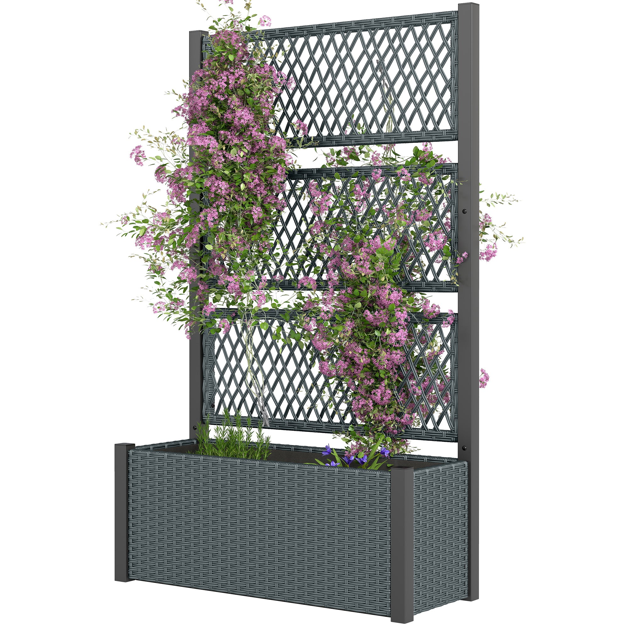 Large Rattan Planter with Trellis — Elevated Outdoor Planter with Breathable Liner for Climbing Plants, 58.3 x 35.4 x 13.8 in (148 x 90 x 35 cm), Dark Gray