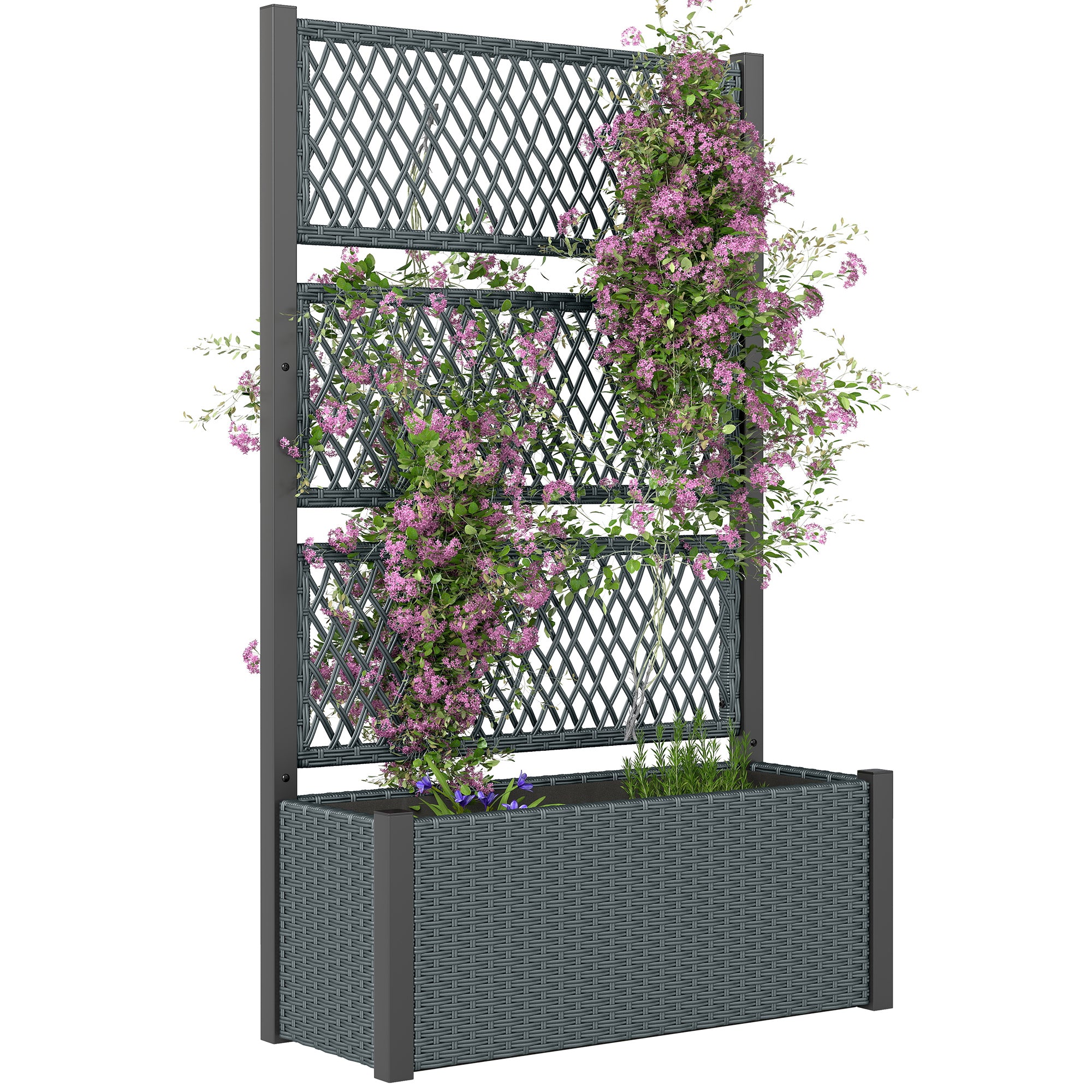 Large Rattan Planter with Trellis — Elevated Outdoor Planter with Breathable Liner for Climbing Plants, 58.3 x 35.4 x 13.8 in (148 x 90 x 35 cm), Dark Gray