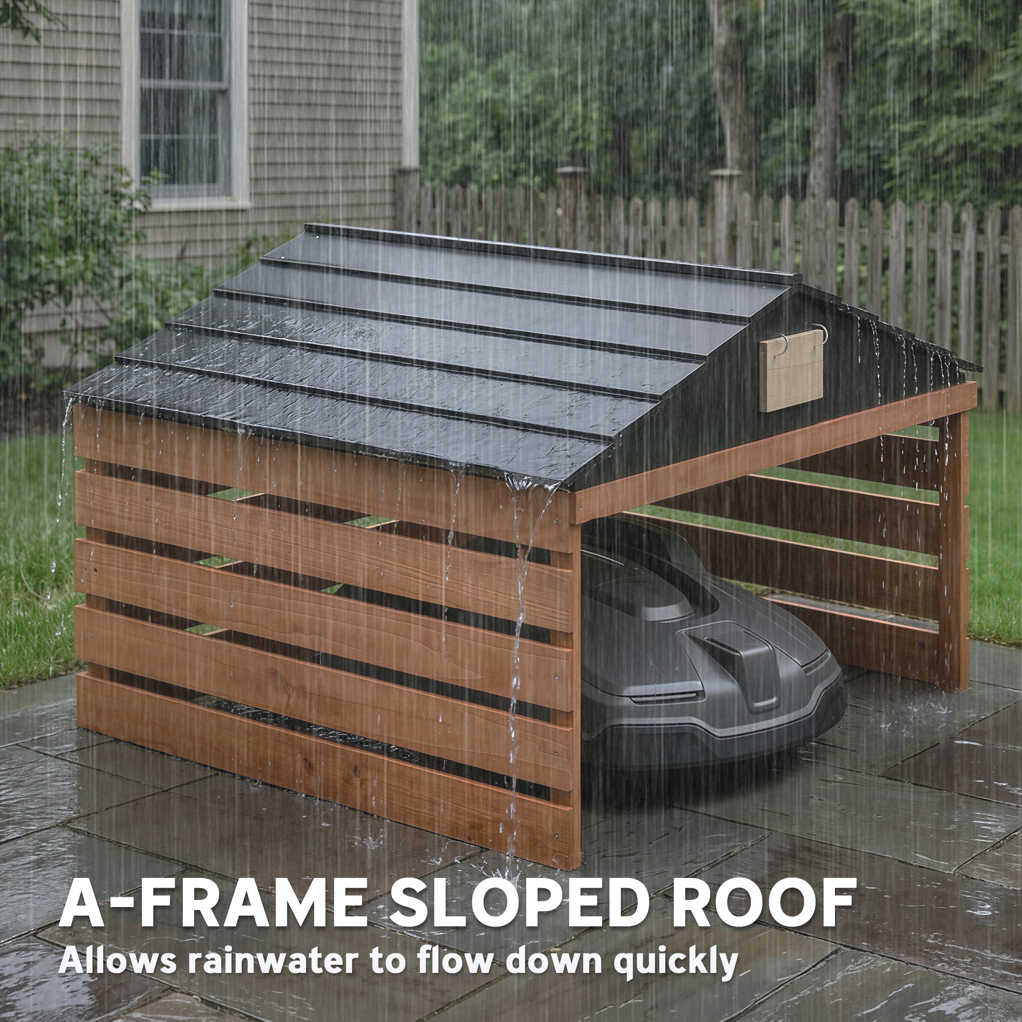 Wooden Robot Mower Garage with Gable Roof — Weatherproof Spruce Shelter for Robotic Lawn Mowers, 79 x 74 x 54 cm (31.1 x 29.1 x 21.3 in), Red-Brown